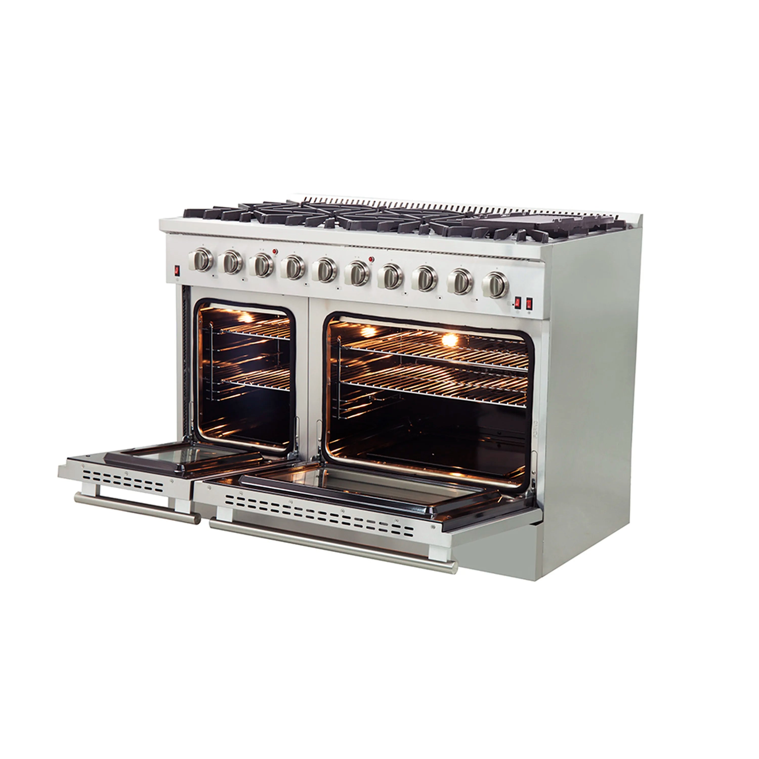 Stainless steel gas range with two lit ovens and open lower oven doors
