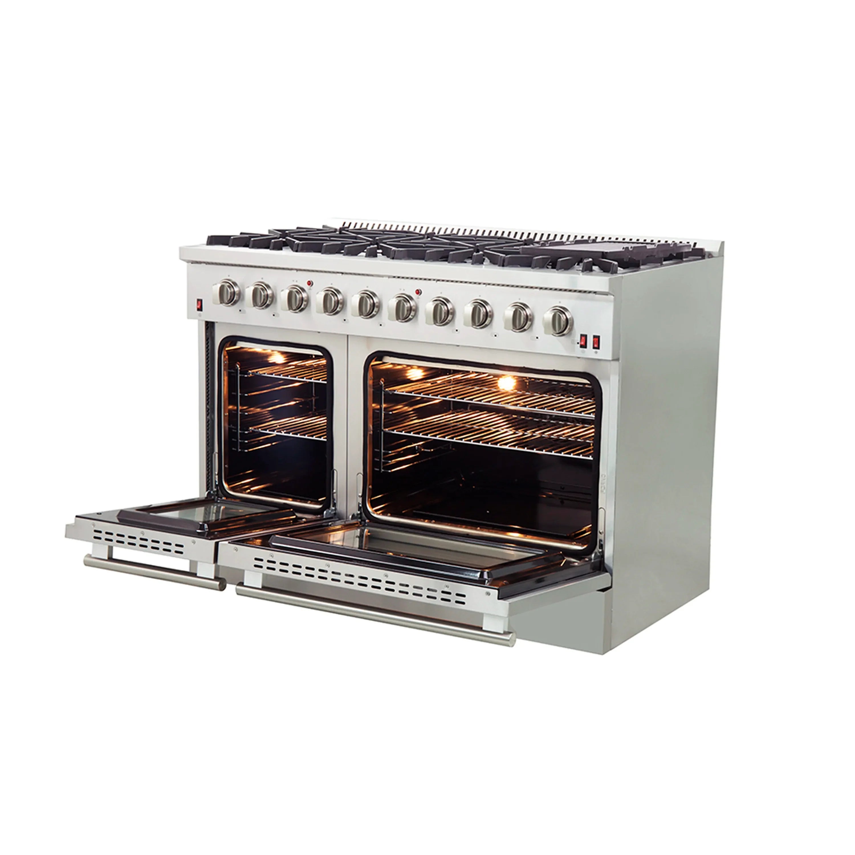 Stainless steel gas range with open ovens and front burners on the cooktop