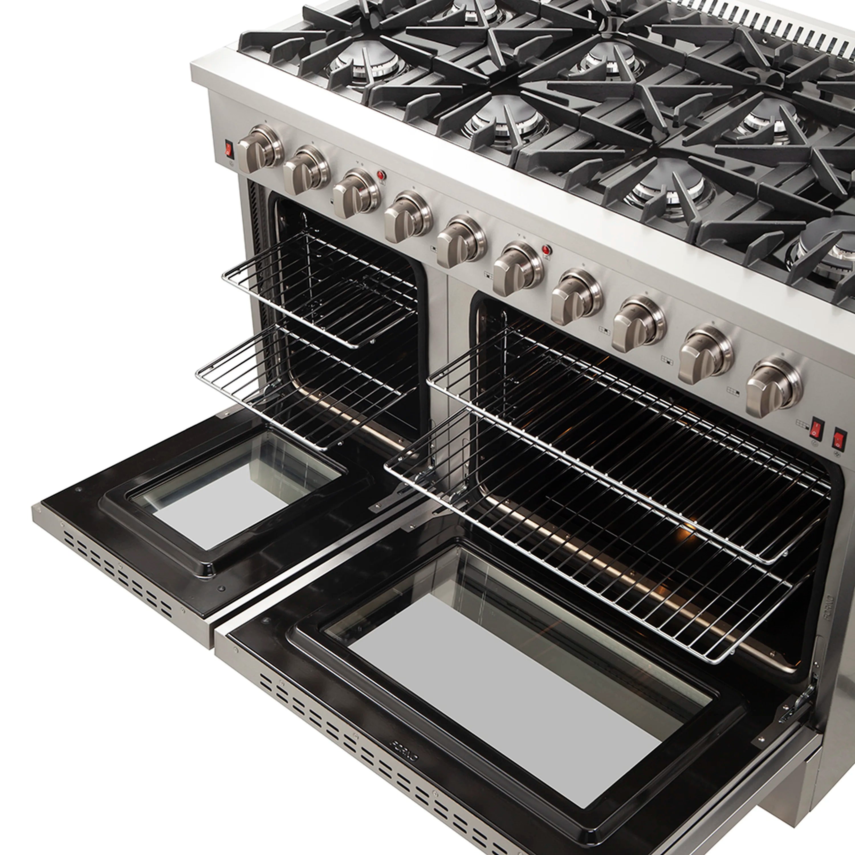 Pro-style gas range with open oven doors and wire racks