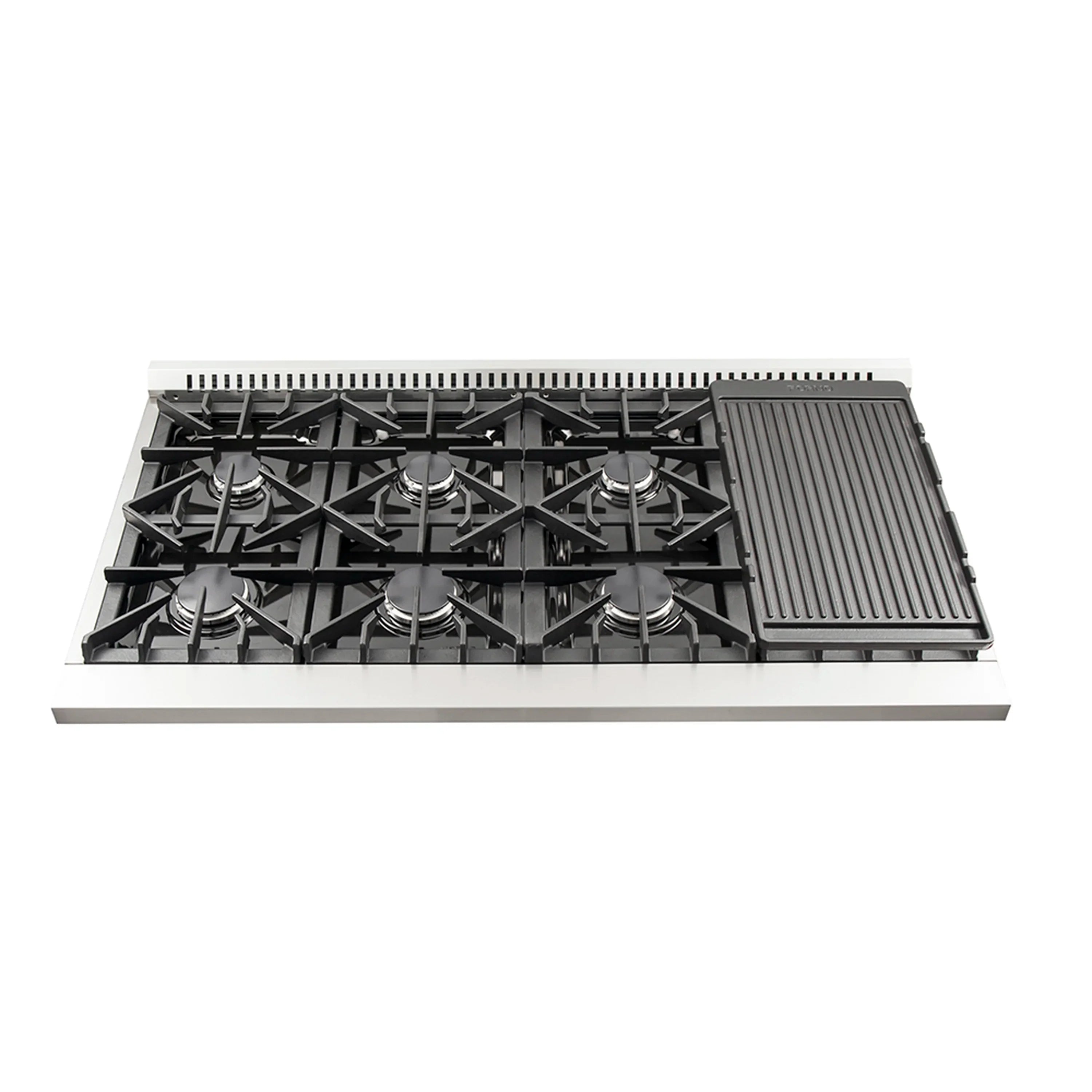 Gas range cooktop top view with burner grates and ribbed griddle surface