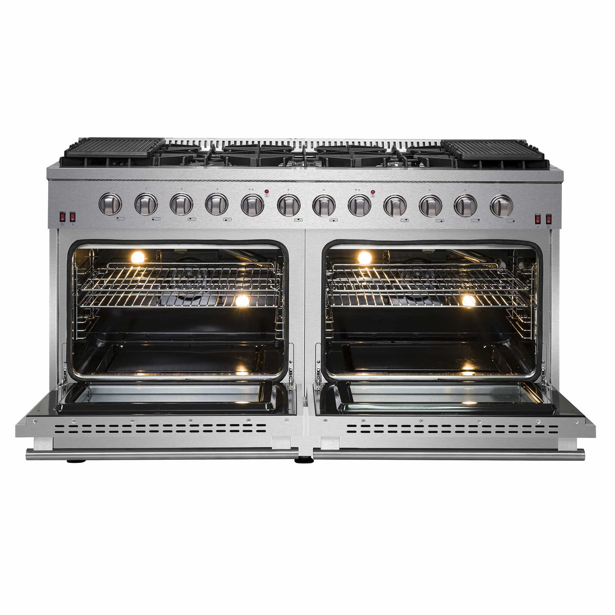 Stainless steel gas range with two open oven doors showing illuminated racks