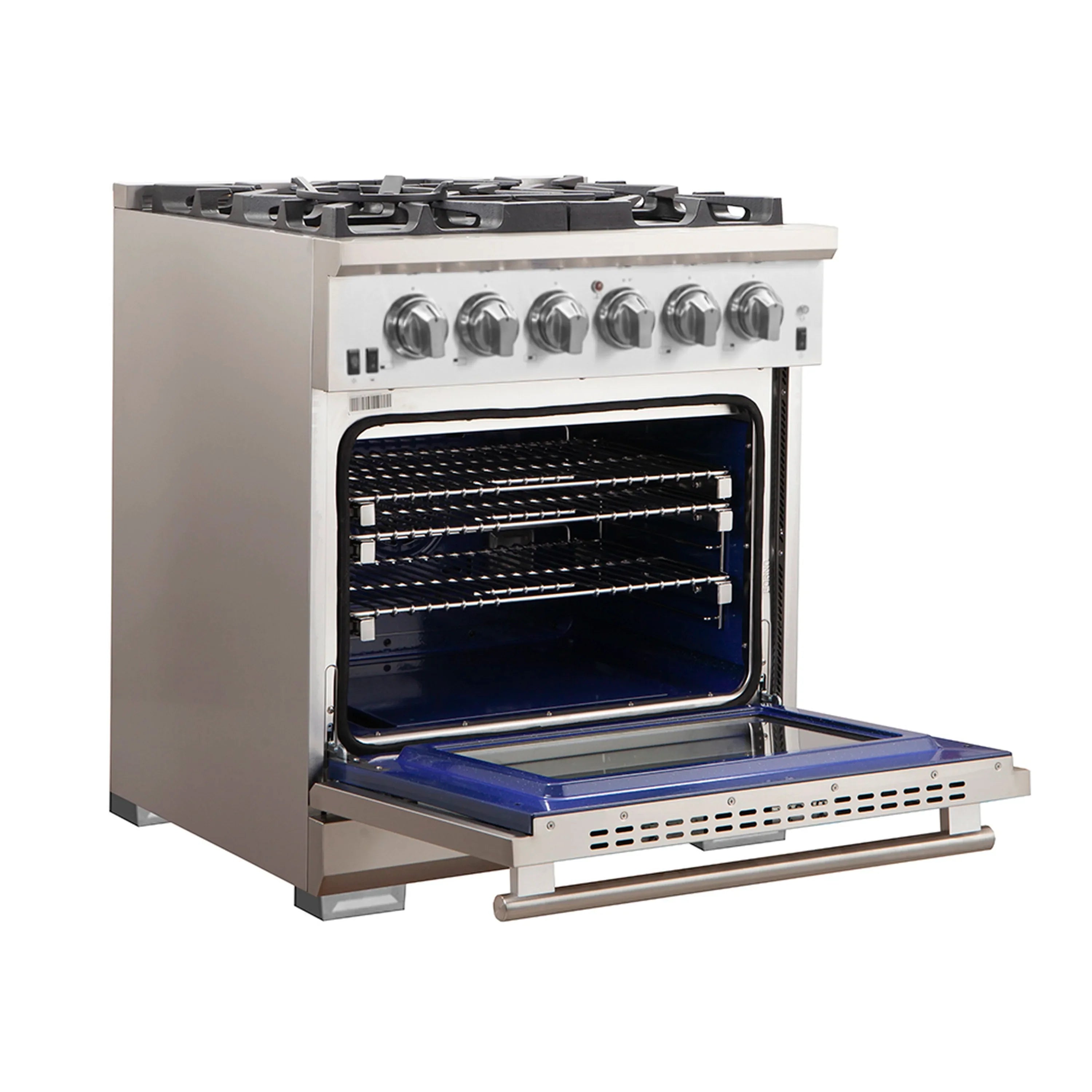 Stainless steel gas range with oven door open and oven interior view