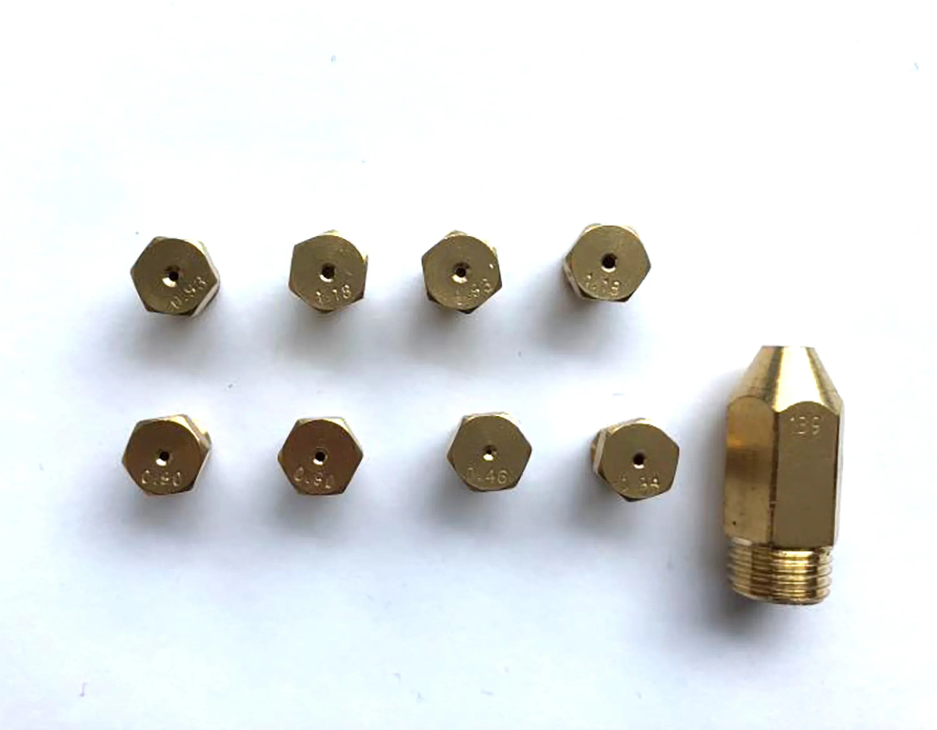 Brass gas burner nozzles with hex openings and threaded fitting