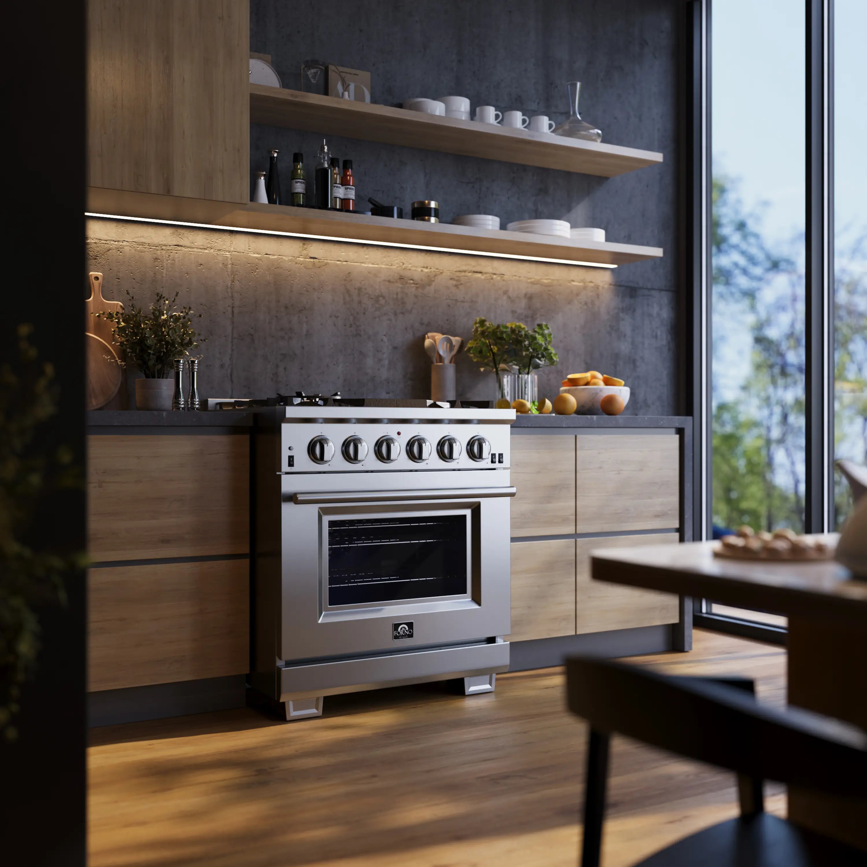 Stainless steel pro-style gas range with knobs and open cooking area in kitchen
