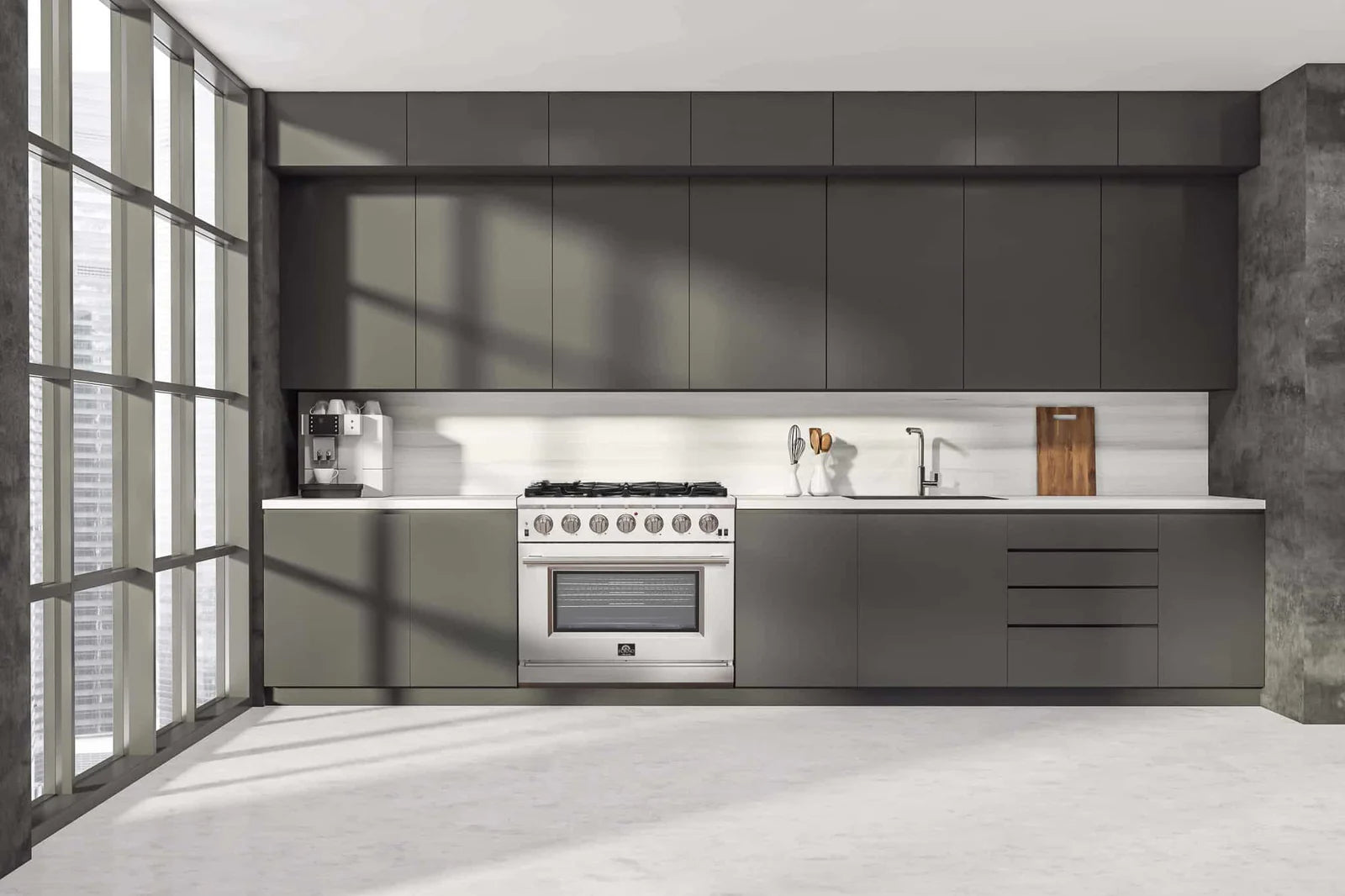 Stainless steel 36-inch gas range with oven door and front control panel