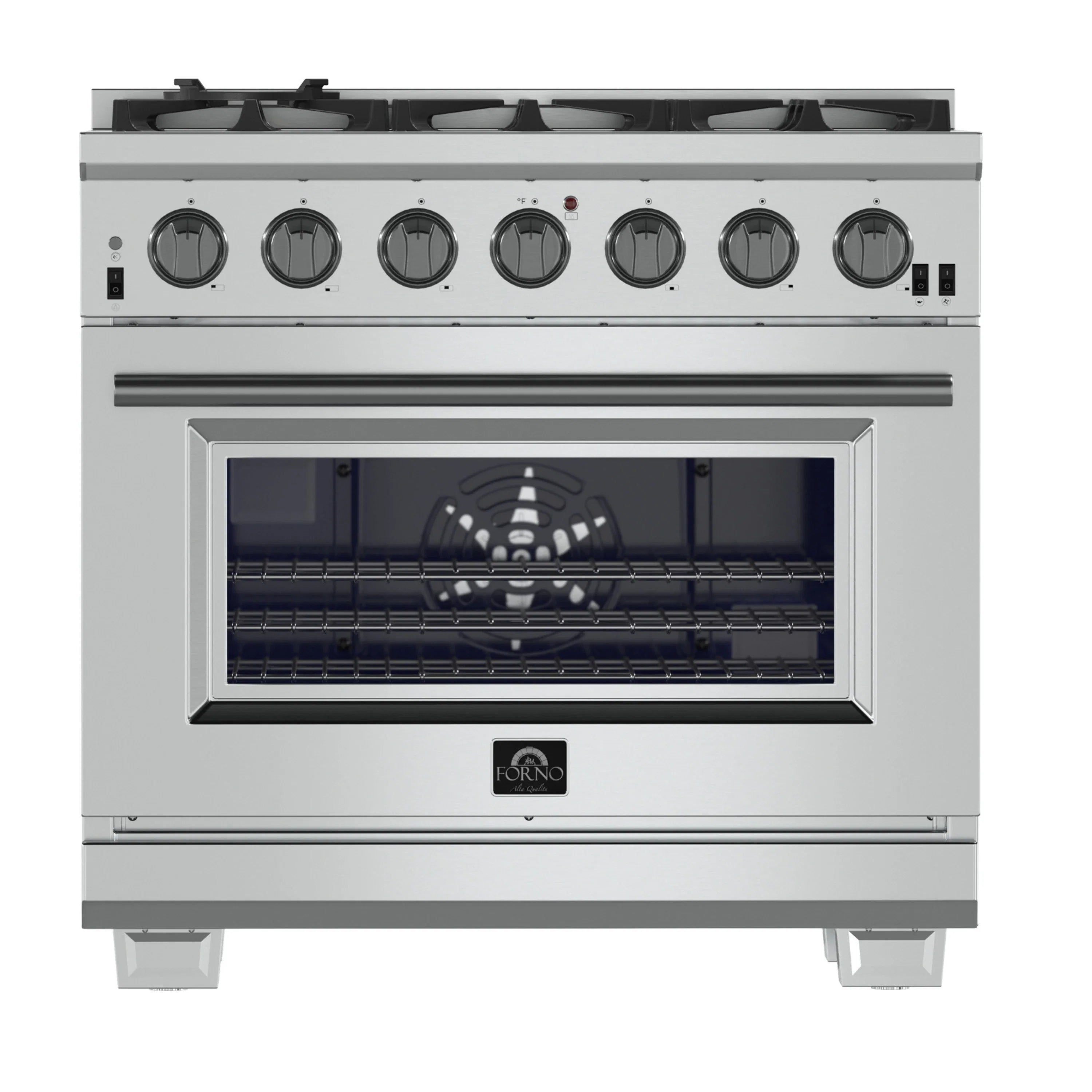 Stainless steel gas range oven door with window and burner control knobs