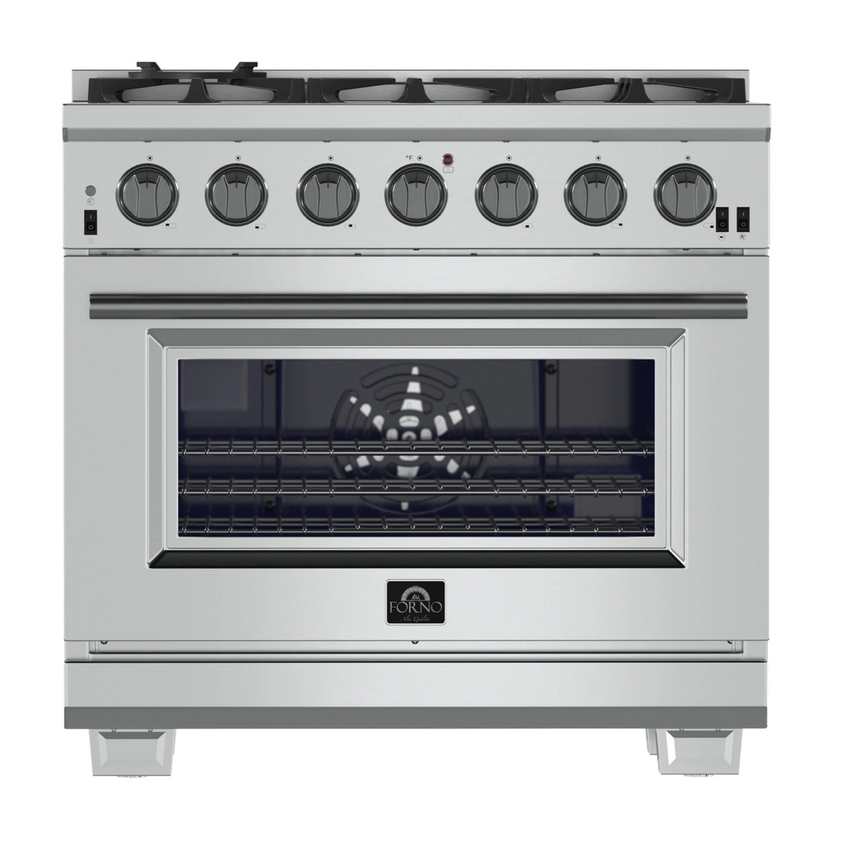 Freestanding gas range front view with 6 burner knobs and oven window, stainless
