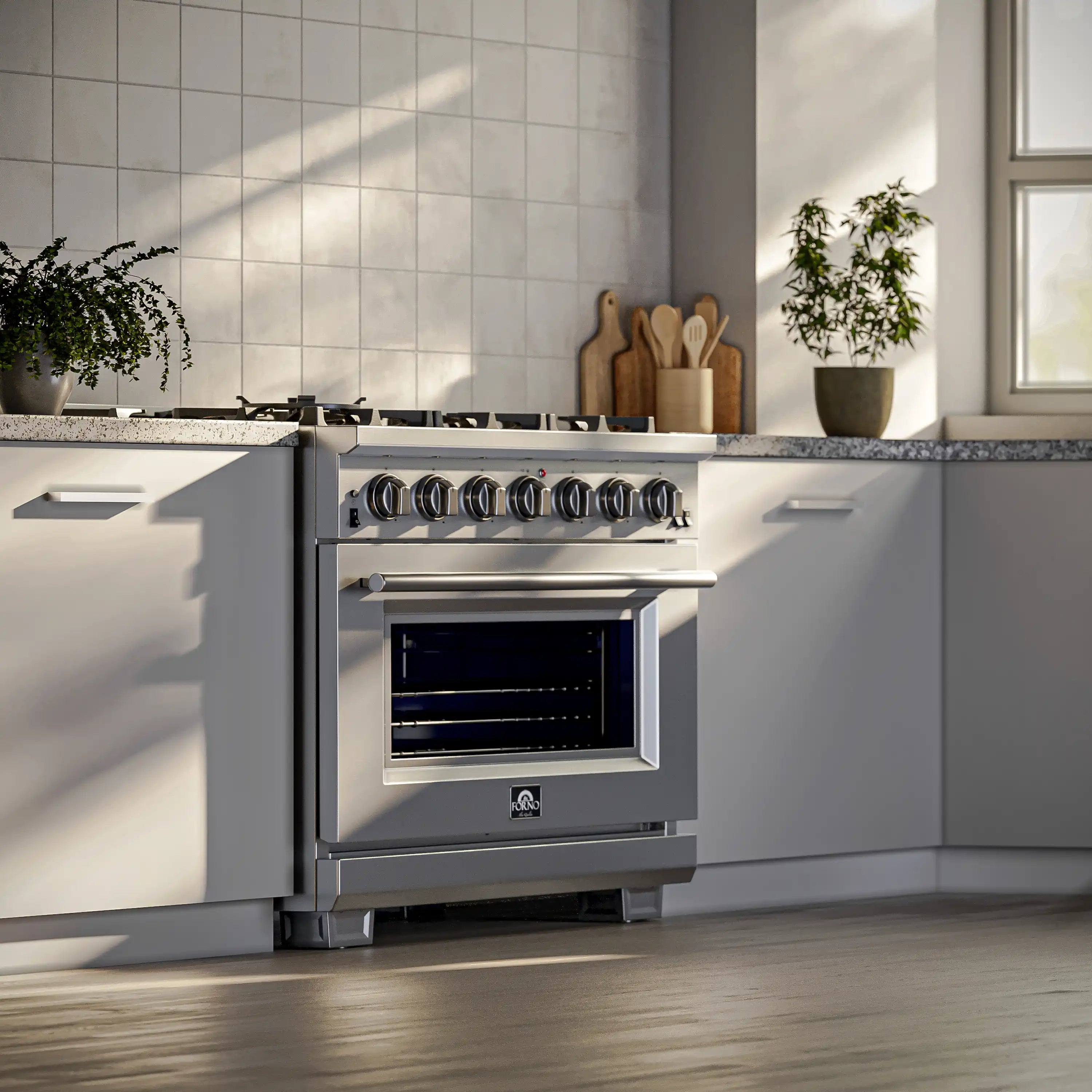 Stainless steel gas range with built-in oven and multiple burners on cooktop