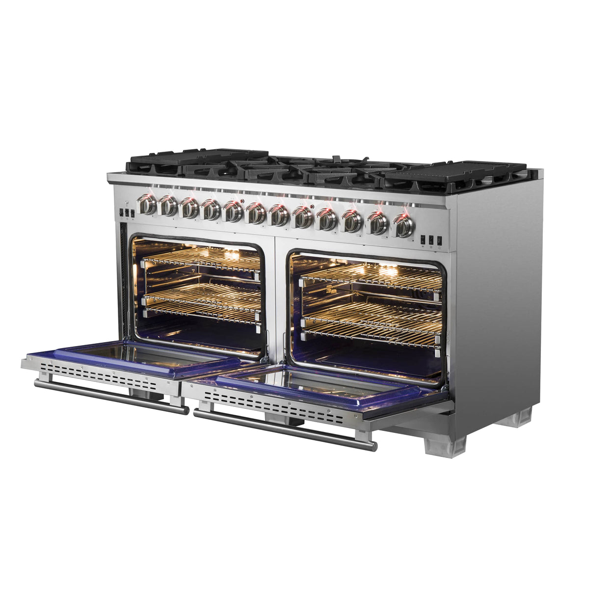 60-inch stainless gas range with dual ovens open and oven lights on