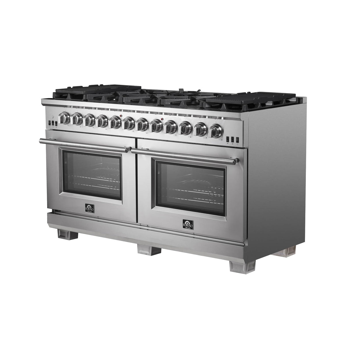 60-inch stainless gas range with dual ovens and black grates, side front view