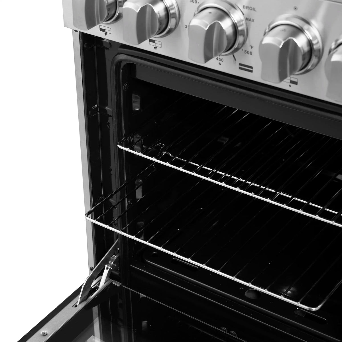 Gas oven interior with wire rack shelves and stainless side rails