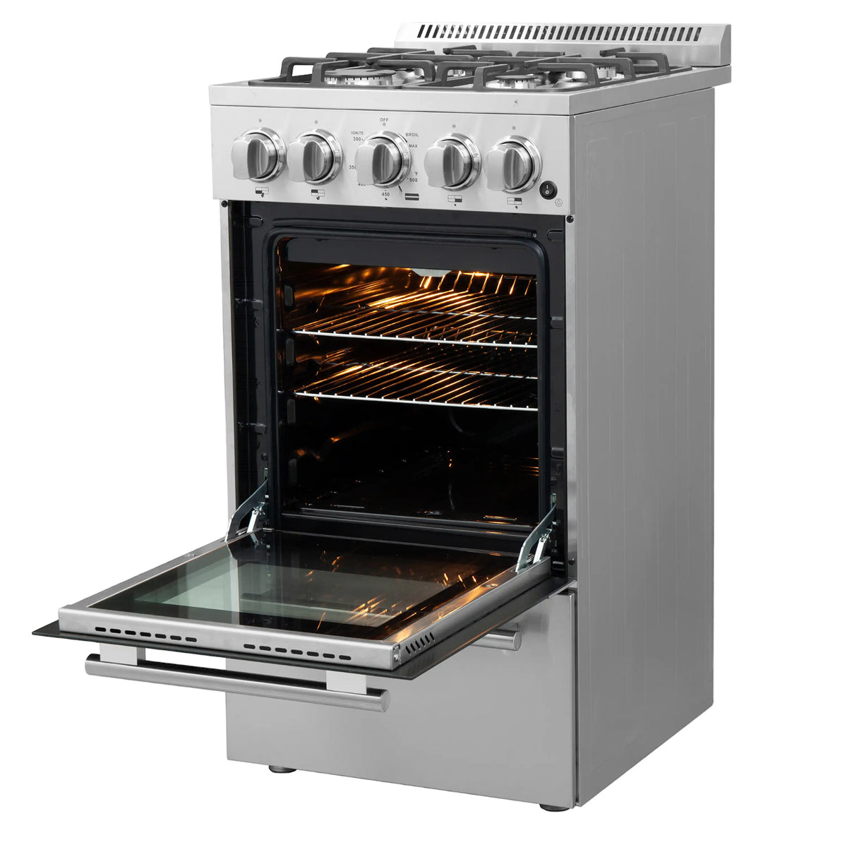 Stainless steel gas range with open oven door and lit burner grates at the top