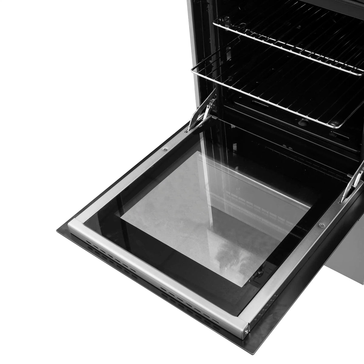 Gas oven with open glass door showing empty black cooking cavity and side rails