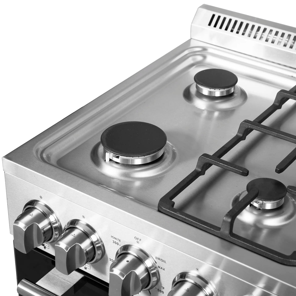Stainless steel 20-inch gas range with three black burners and control knobs