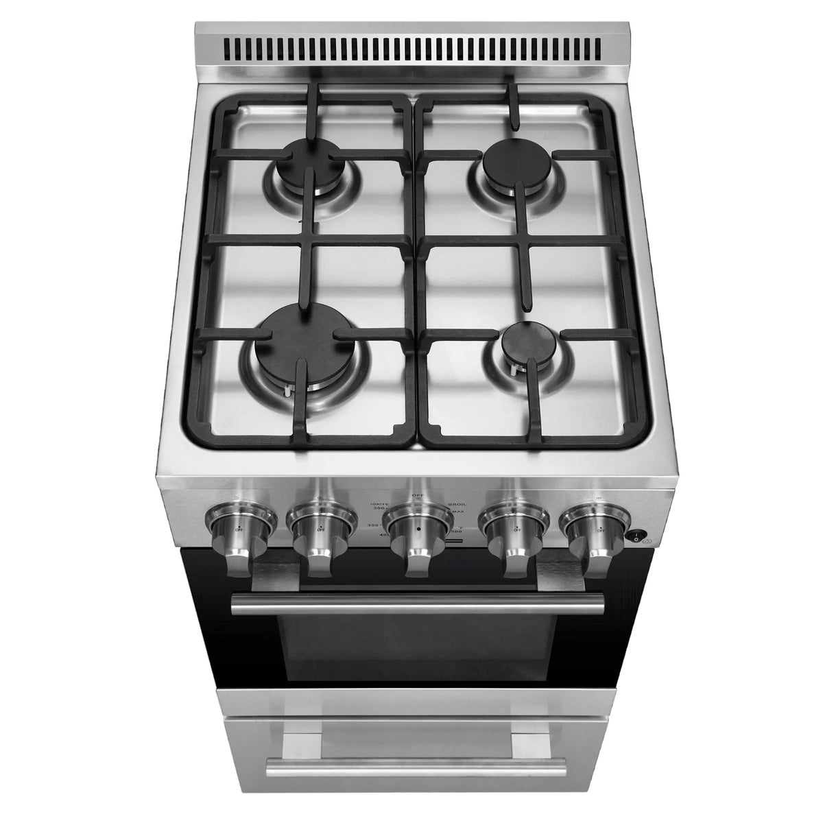 Stainless steel cooktop with four burner grates and burner knobs below