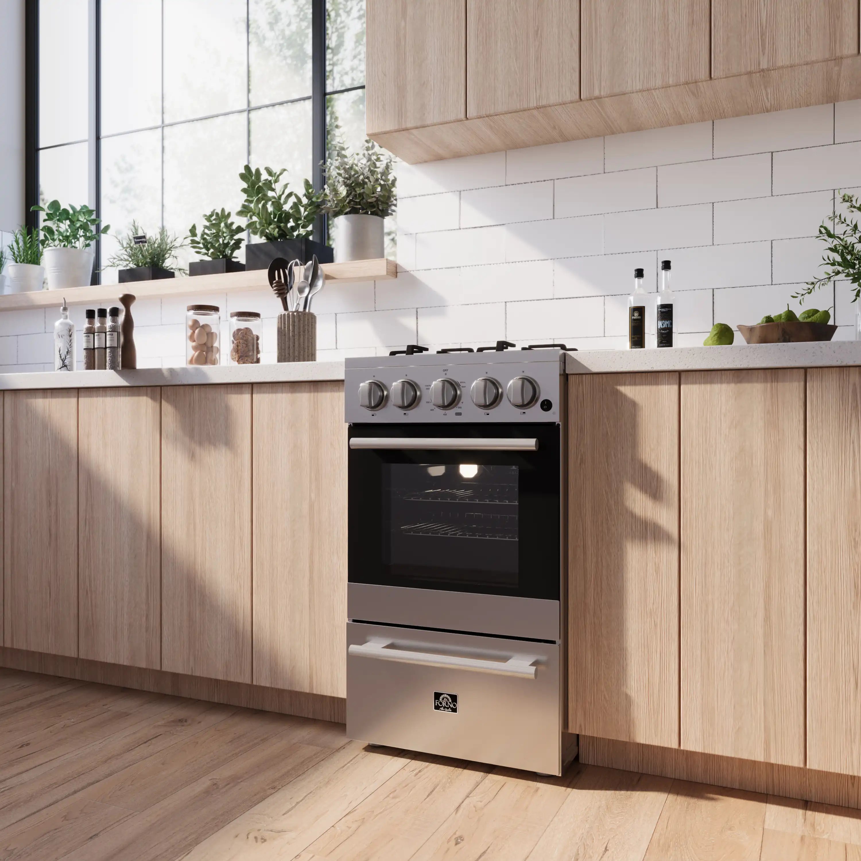 Stainless steel gas range with 4 burners and oven door in a kitchen setup
