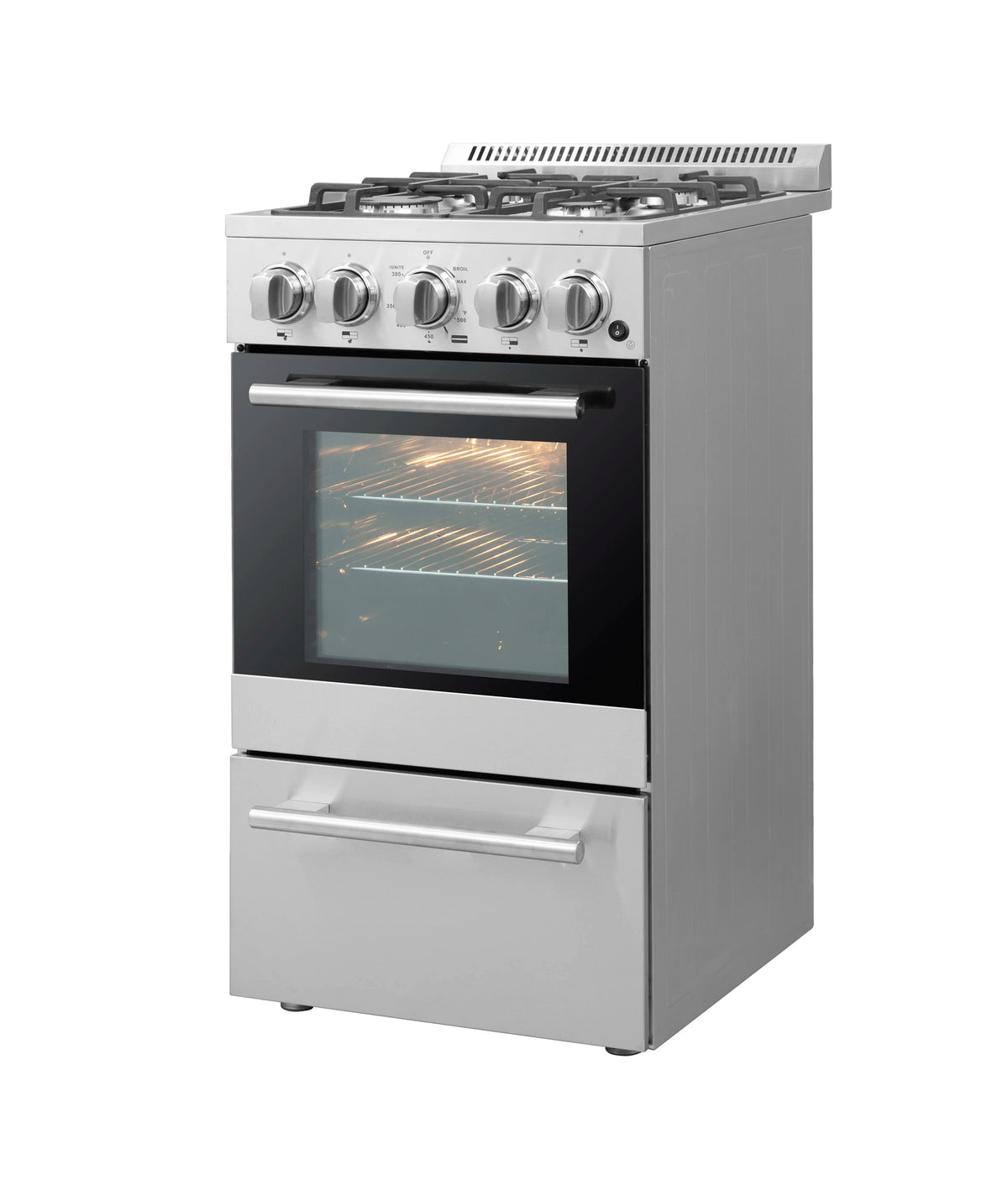 Stainless steel gas range with 4 burners and oven window on