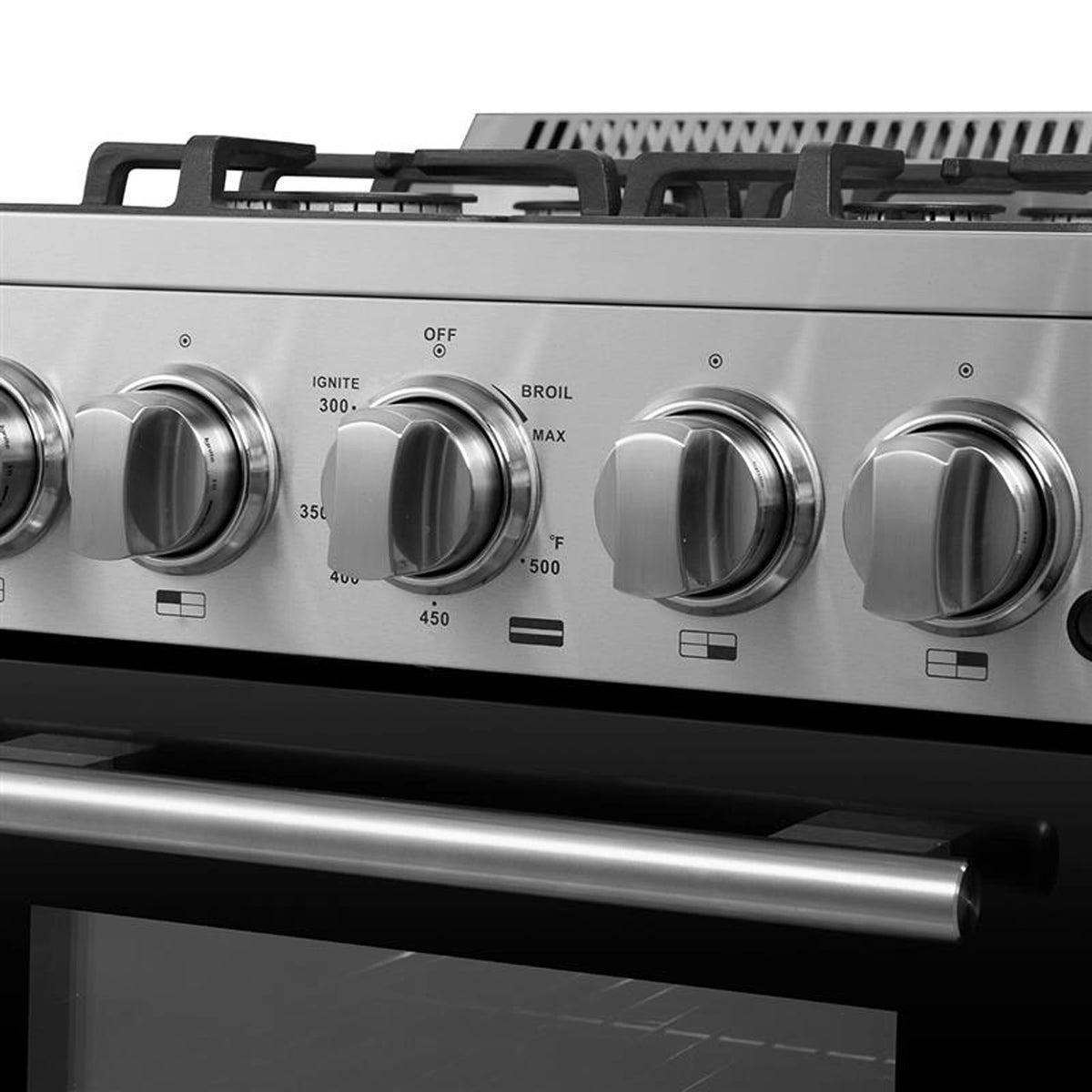 Stainless steel gas range control panel with four burner knobs and settings dials