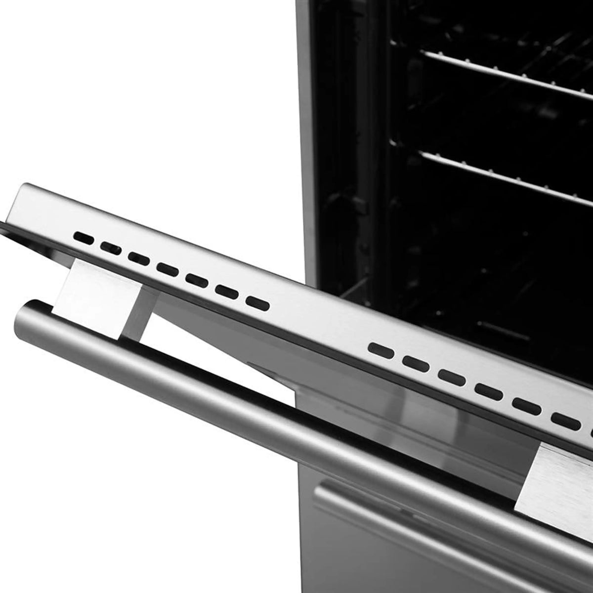 Stainless steel gas range front burner tray with vent holes and side trim