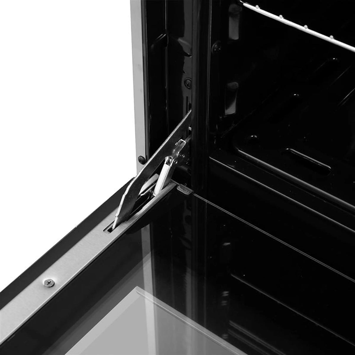 Gas oven door hinge and handle area with stainless steel trim and latch