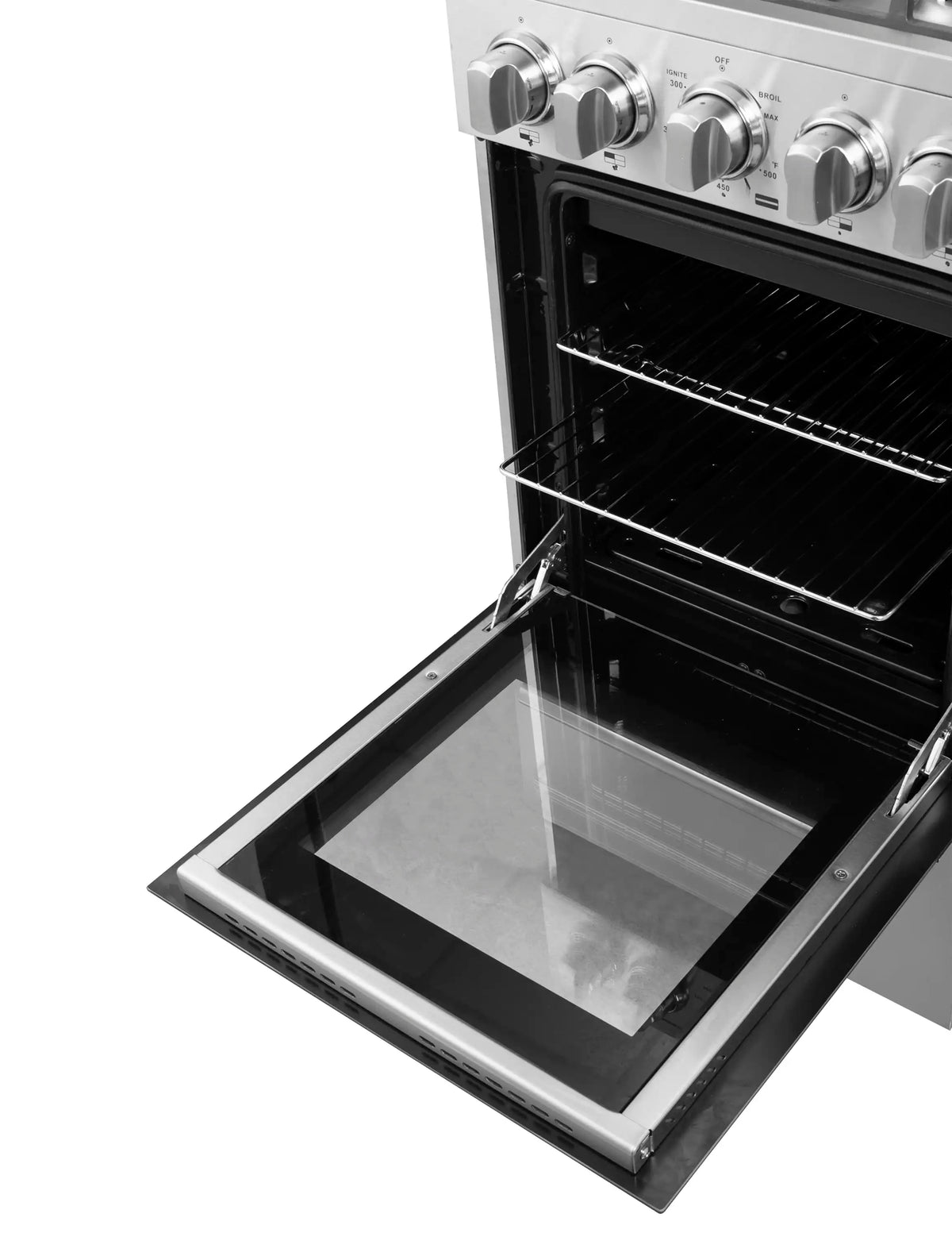 Gas oven door open showing glass window and stainless steel interior frame