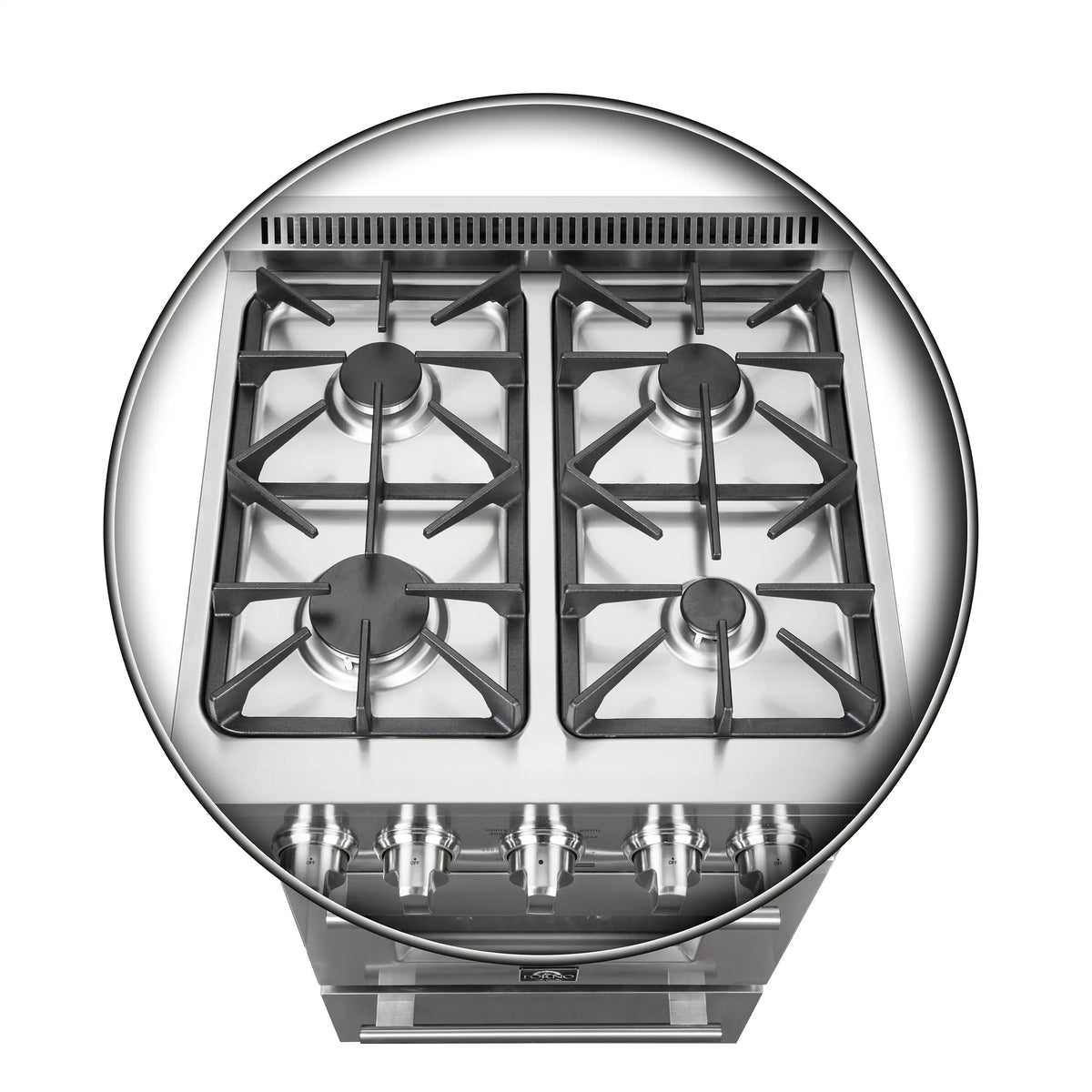 Stainless steel gas cooktop close-up of four burner grates and control knobs