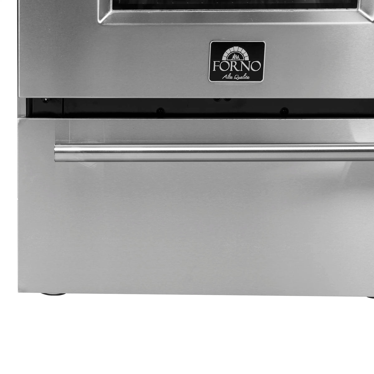 Stainless steel gas range front with logo panel and oven door handle.