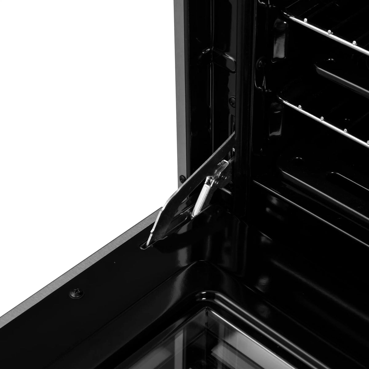 Open black oven cavity with side rail supports and oven door hinge area.