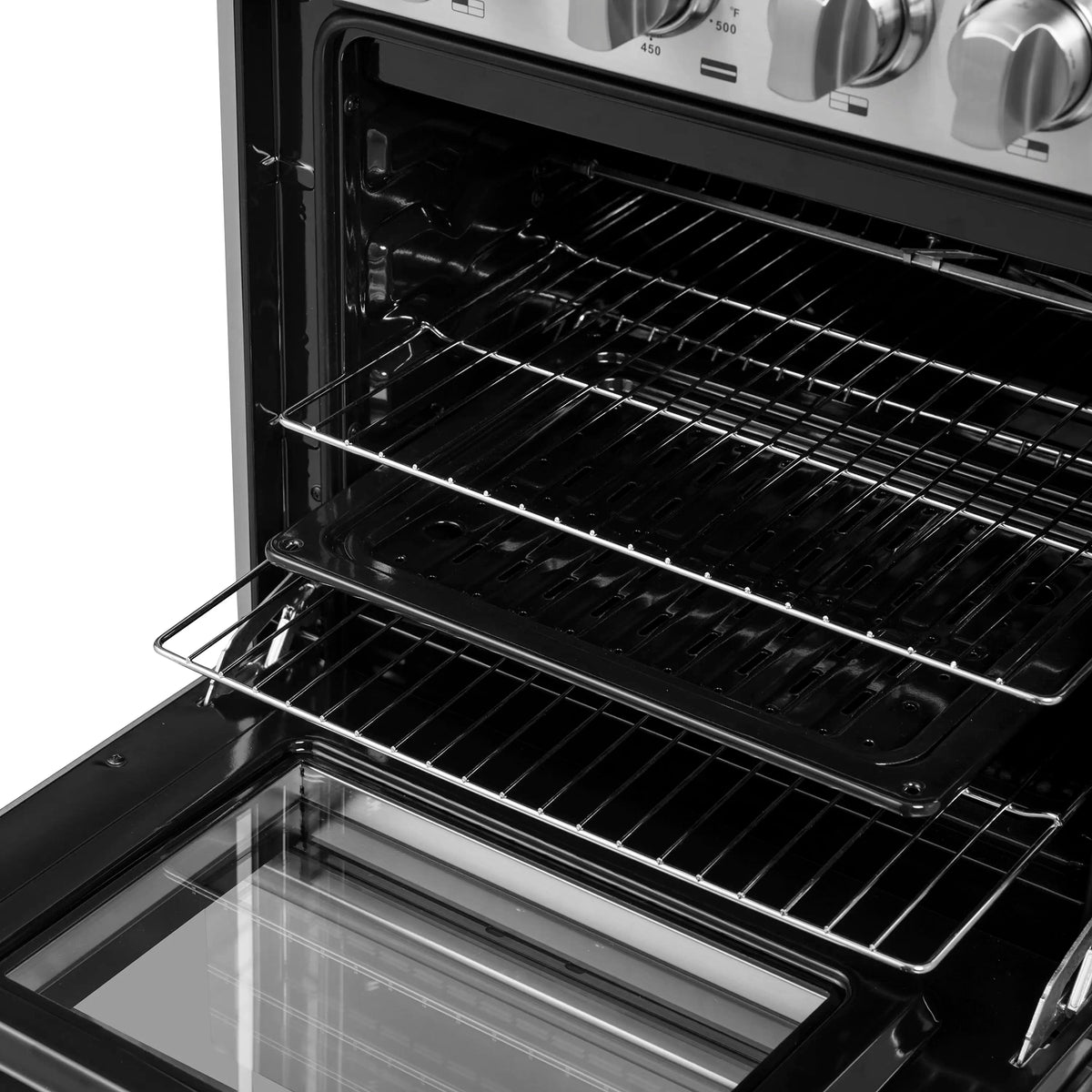 Open oven with black interior, two wire racks, and a glass-lidded storage drawer.