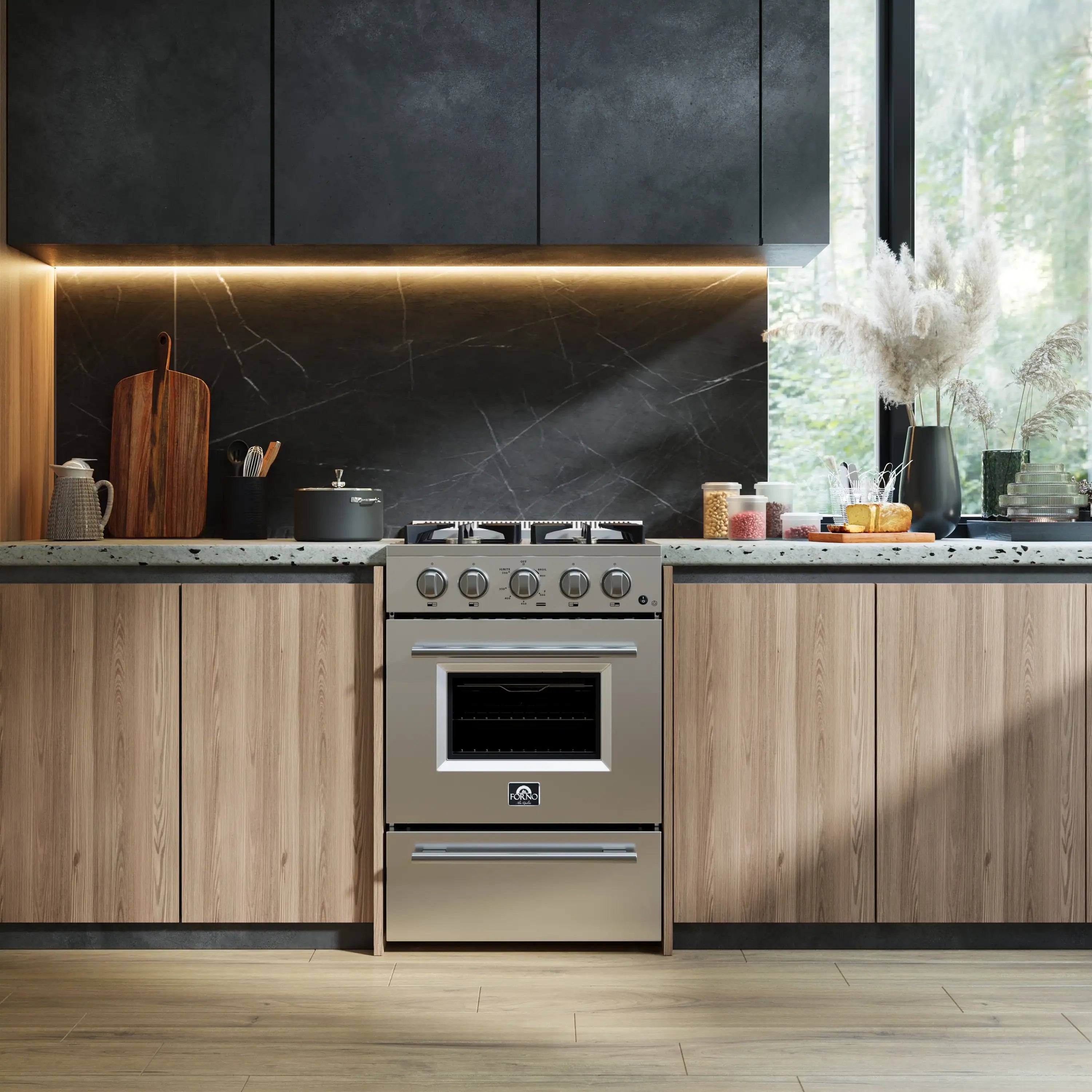 24-inch stainless steel gas range in a kitchen with front control panel and oven door.