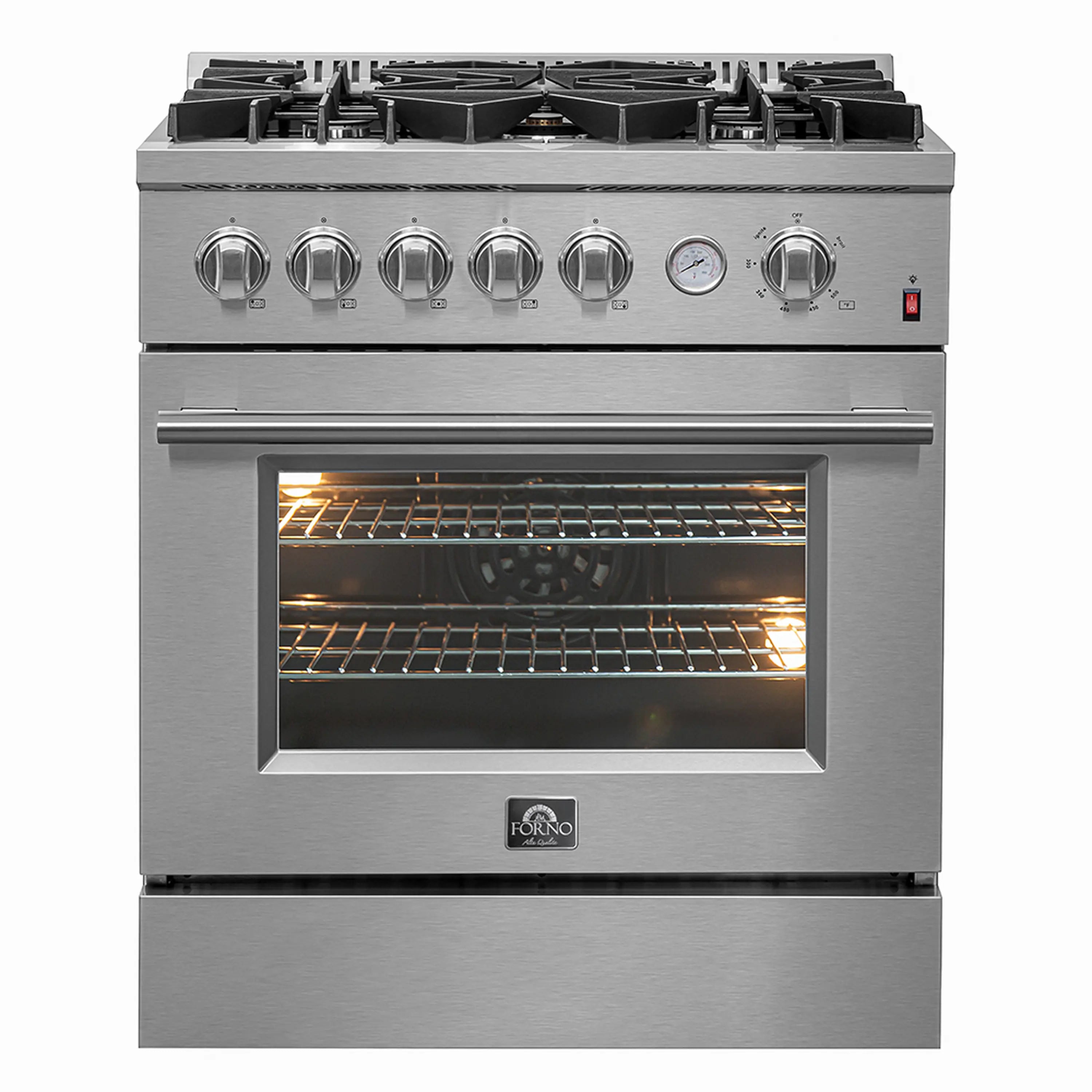 Stainless steel gas range front view with lit convection oven interior