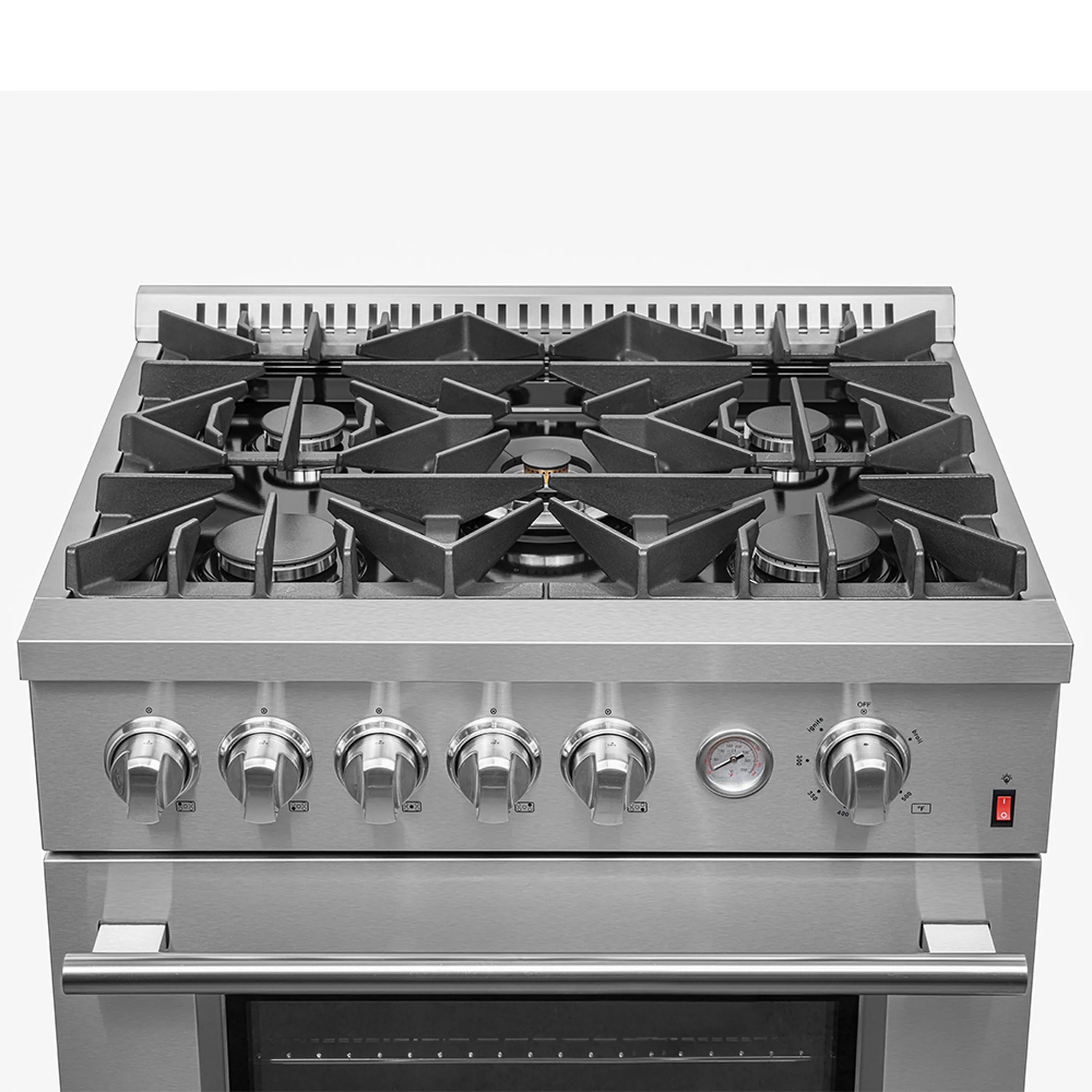 Stainless steel gas range with 5 burners and control knobs on the front panel