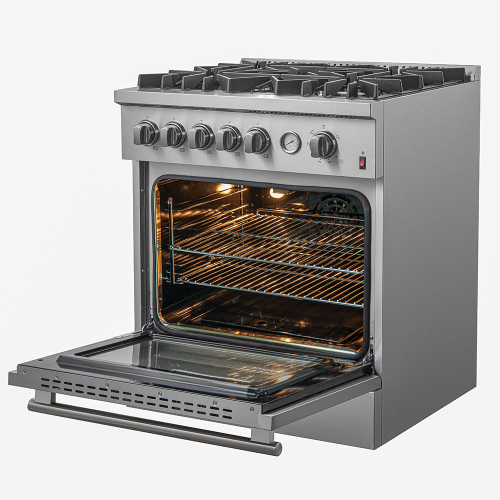 Stainless steel gas range with oven door open and broil-ready heating elements