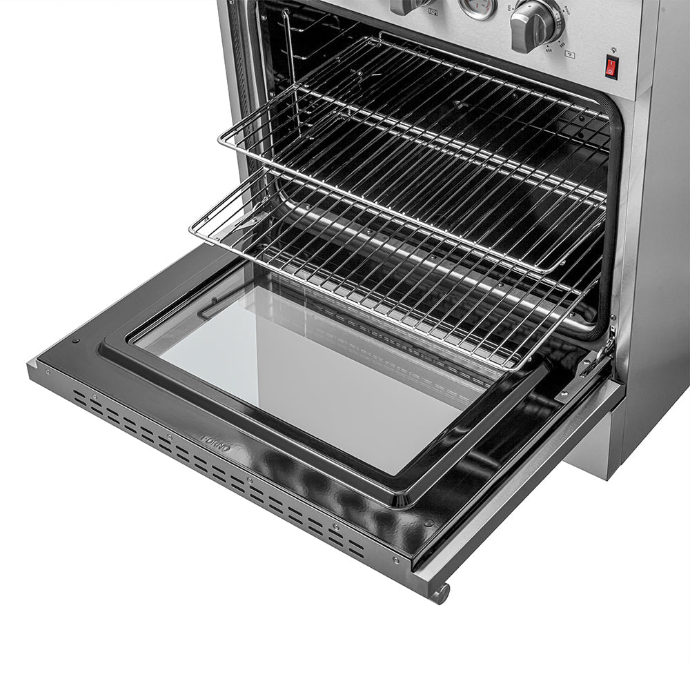 Stainless steel gas range oven with wire rack, door open, and broil tray