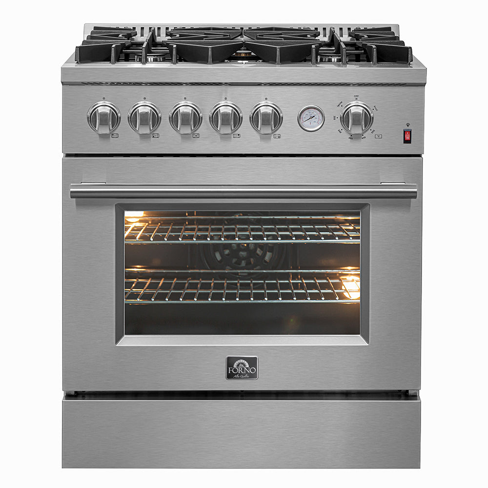 Stainless steel gas range with six burners and oven window, door closed