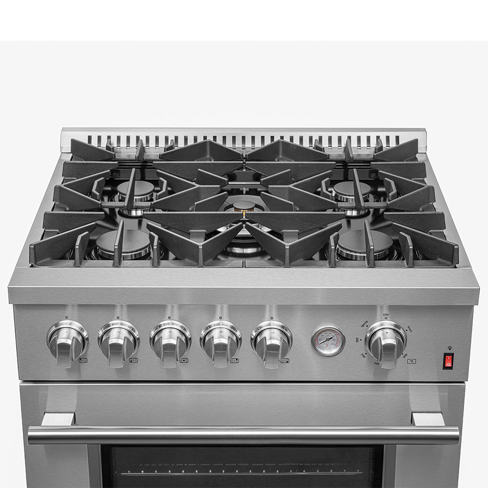 Stainless steel gas cooktop with multiple burners and front control knobs, top view