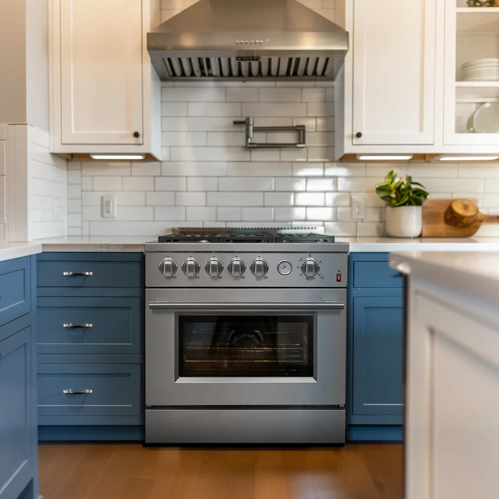 Stainless steel gas range with control knobs and oven door open in a kitchen