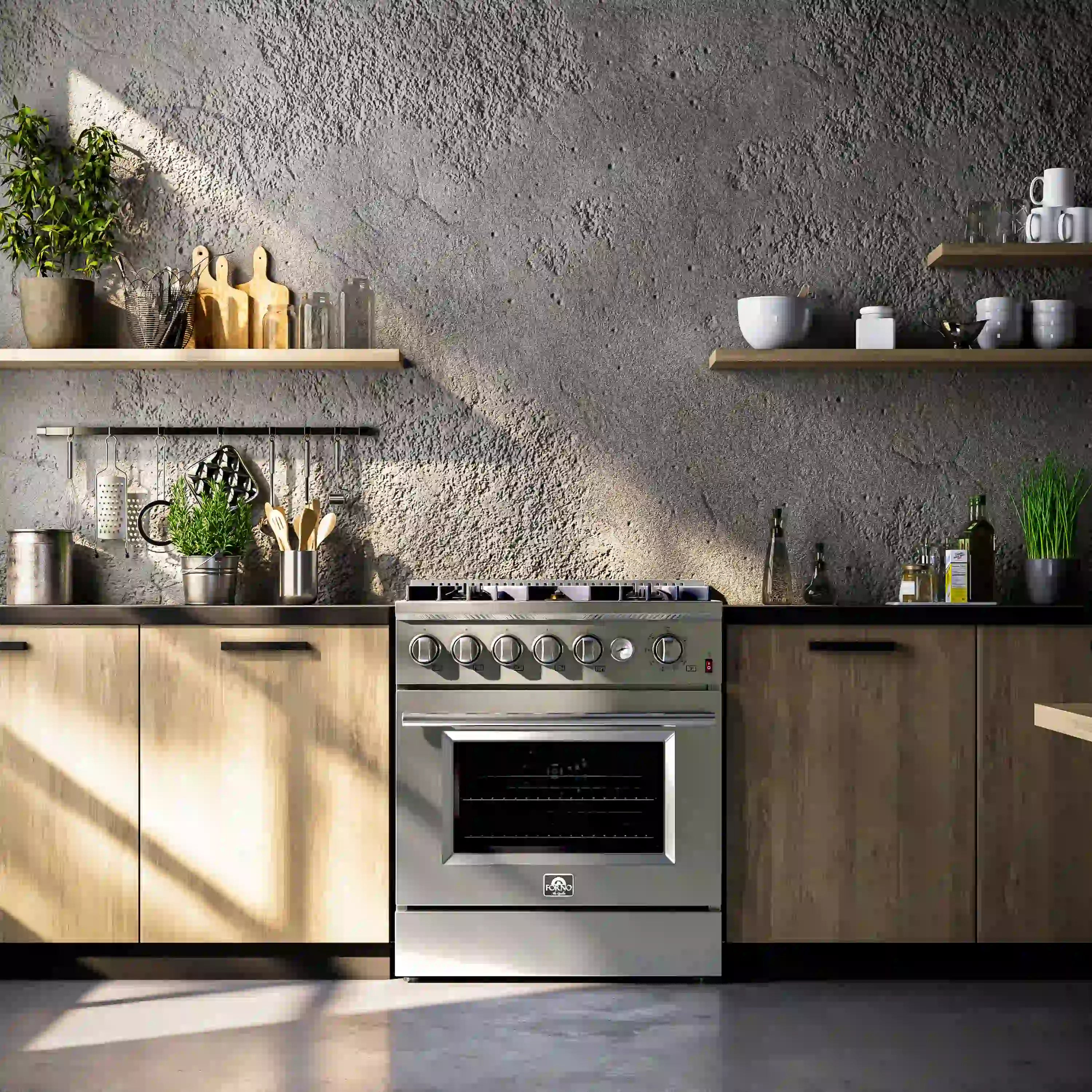 Stainless steel gas range with oven door and stovetop control knobs