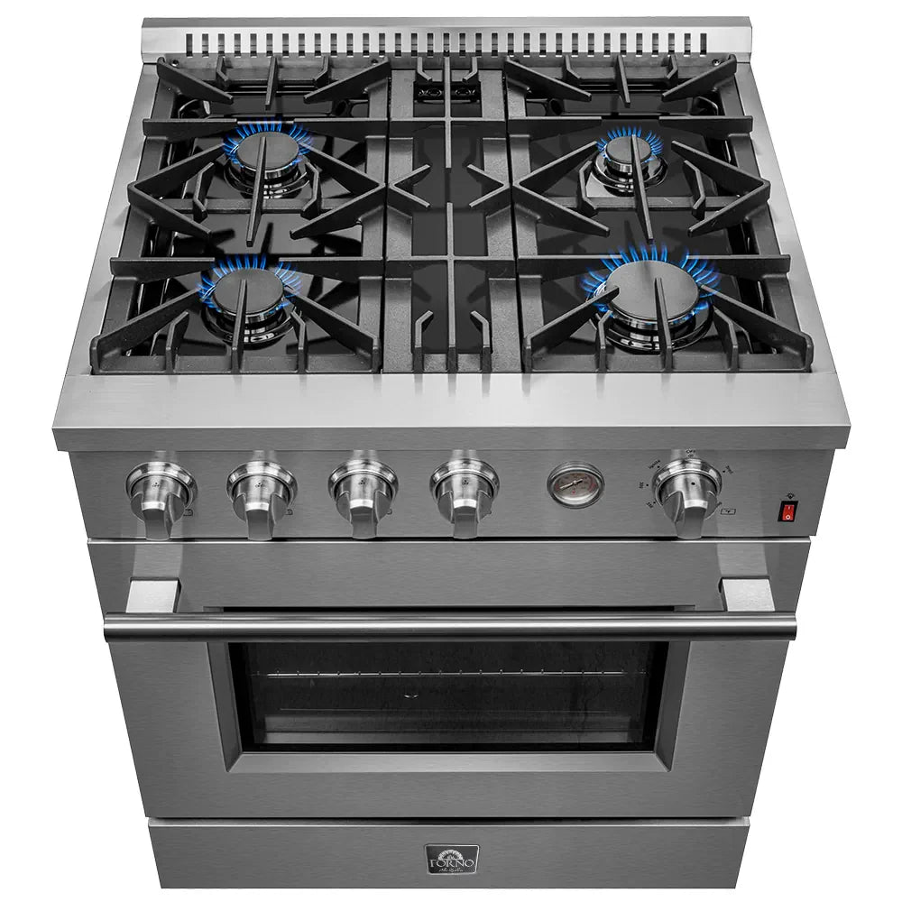Stainless steel gas range with four burners and oven door below