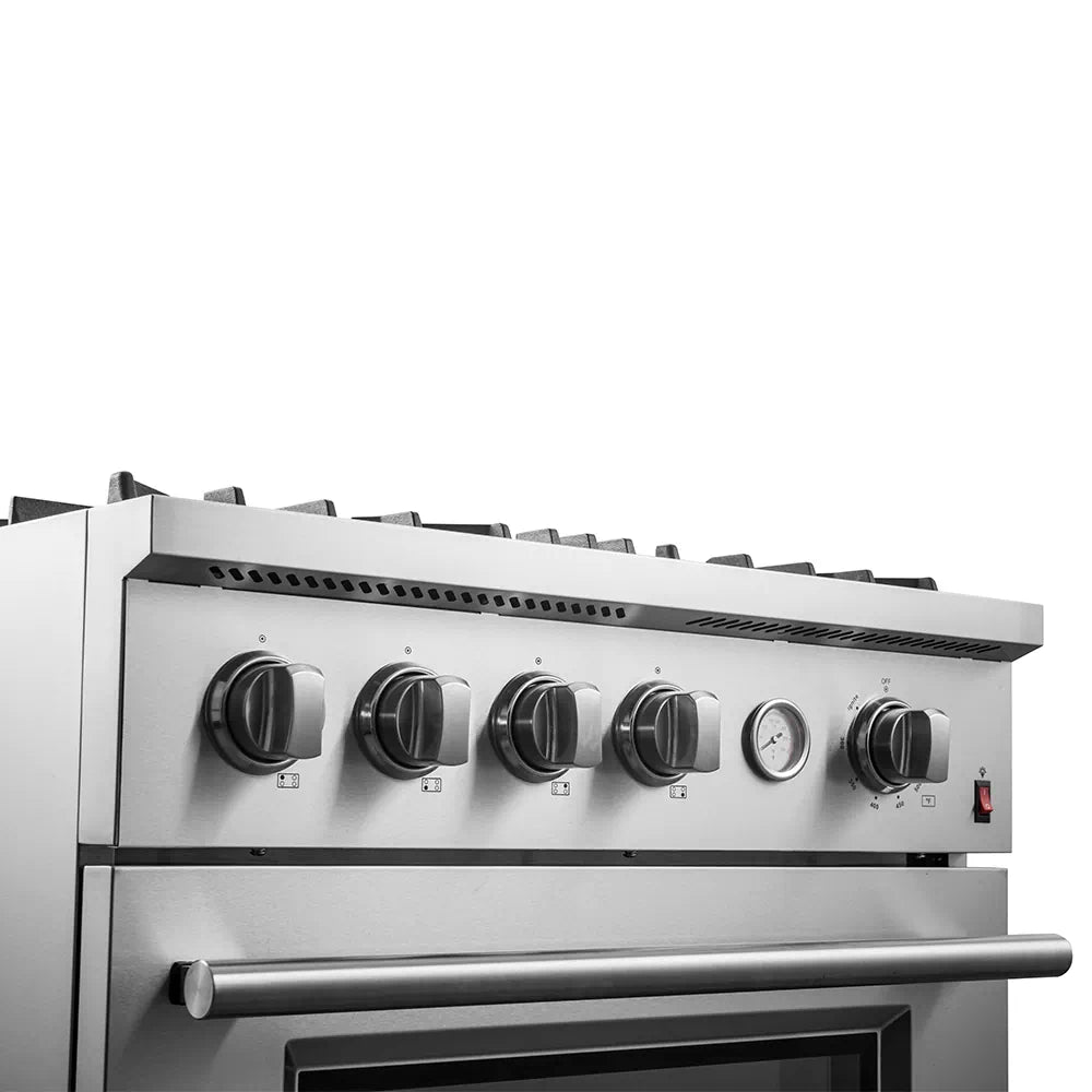 Stainless steel control panel of gas range with five front knobs and vent hood