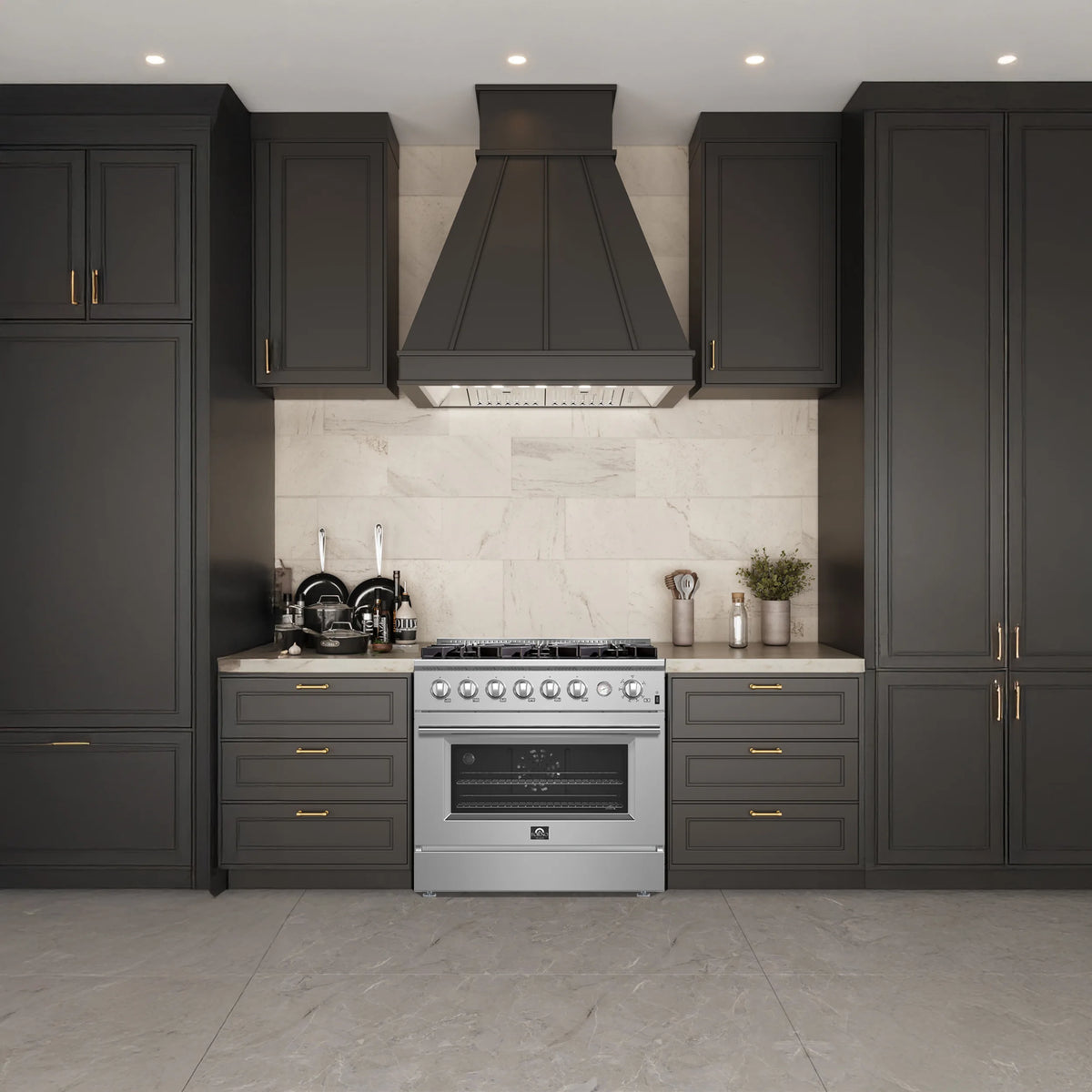 Forno Marco 36-Inch Gas Range 6 Gas Burners, 5.36 cu.ft. Convection Oven and Temperature Gauge in Stainless Steel shown in a styled kitchen