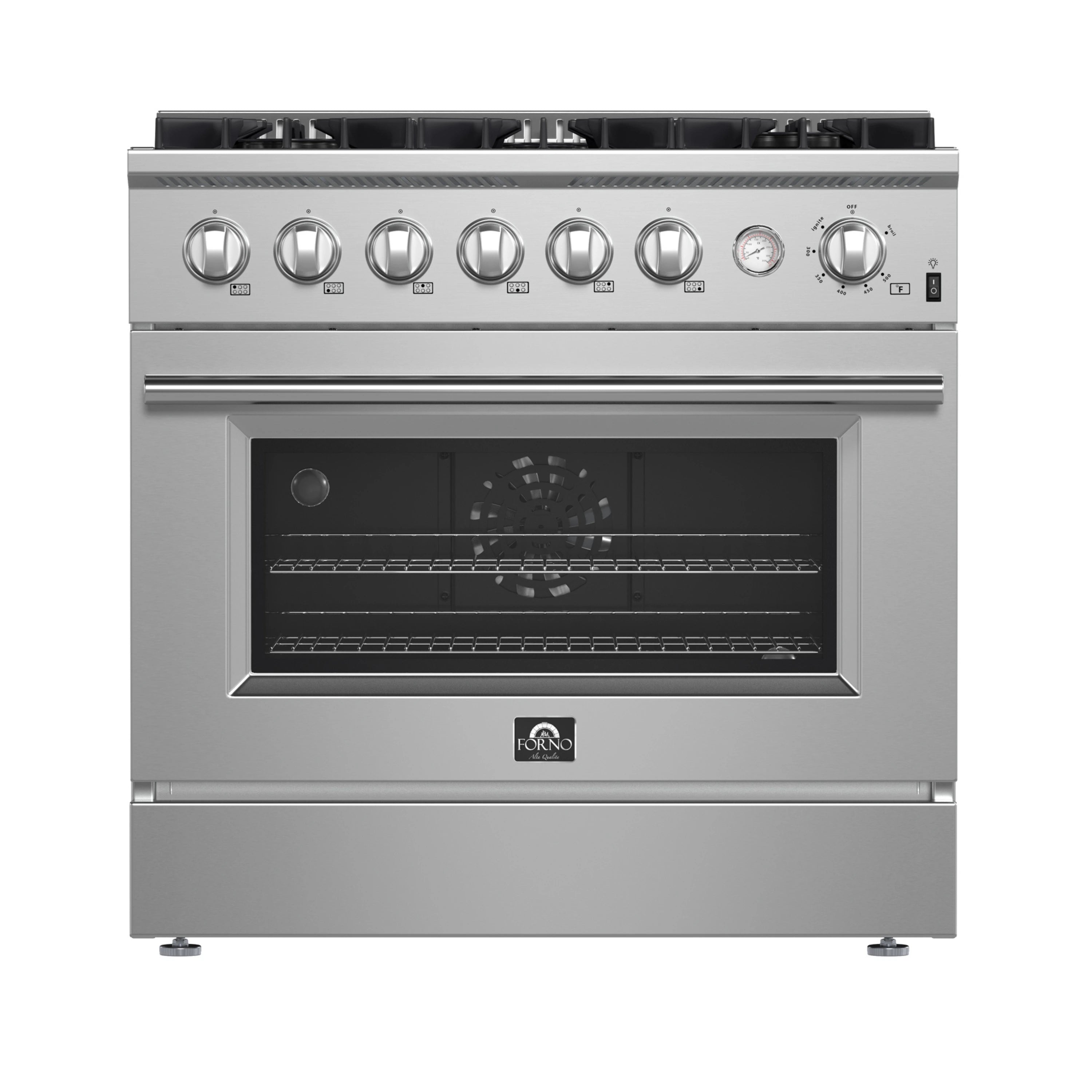 Stainless steel gas range with control knobs and closed convection oven door