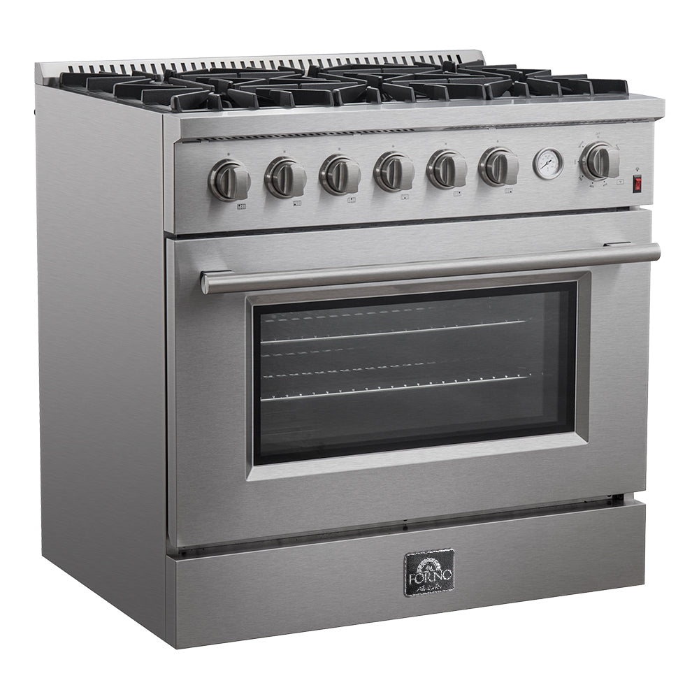 Stainless steel gas range with control knobs and closed oven door, front view
