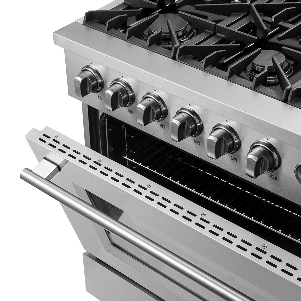 Stainless steel gas range cooktop with burner grates and round control knobs