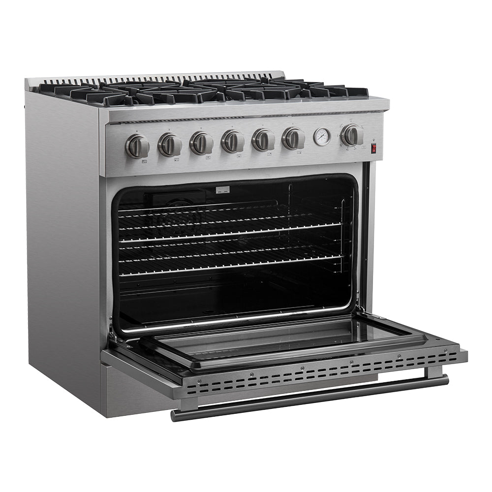 Stainless steel gas range with open oven door and visible rack, top burners above