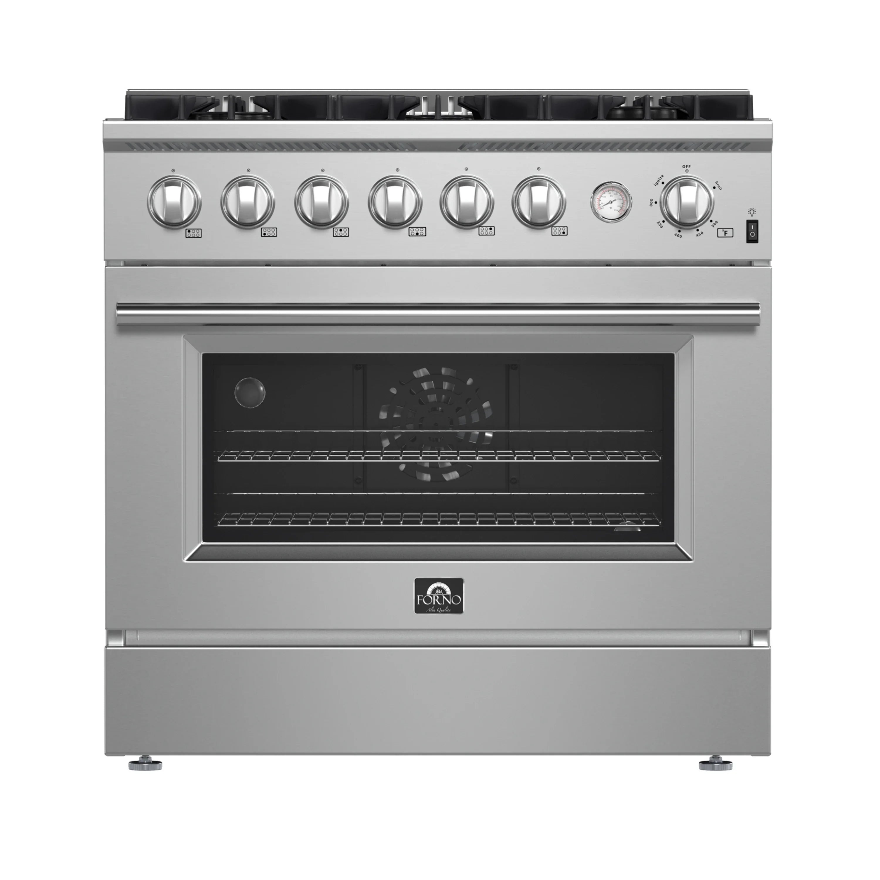 Stainless steel gas range with control knobs and closed oven door