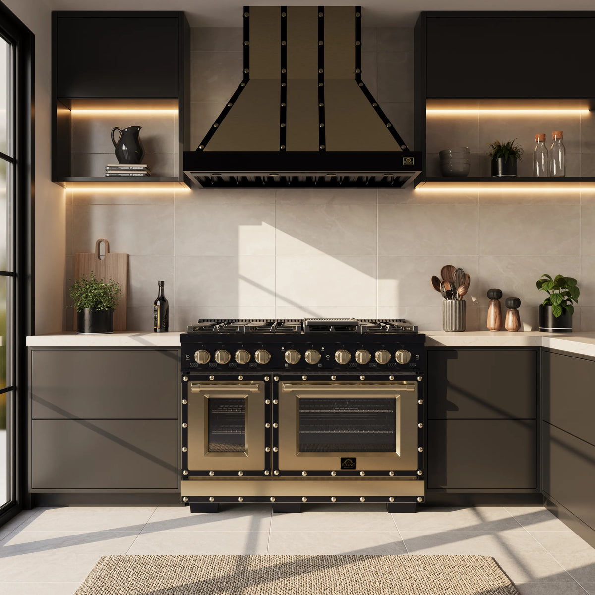 Forno Ambassador 48-Inch Gas Range in Black with 8 Sealed Burners, 94,000 BTU Cooktop Output, 6.7 Cu.Ft. Double Oven, Telescopic Racks shown in a styled kitchen