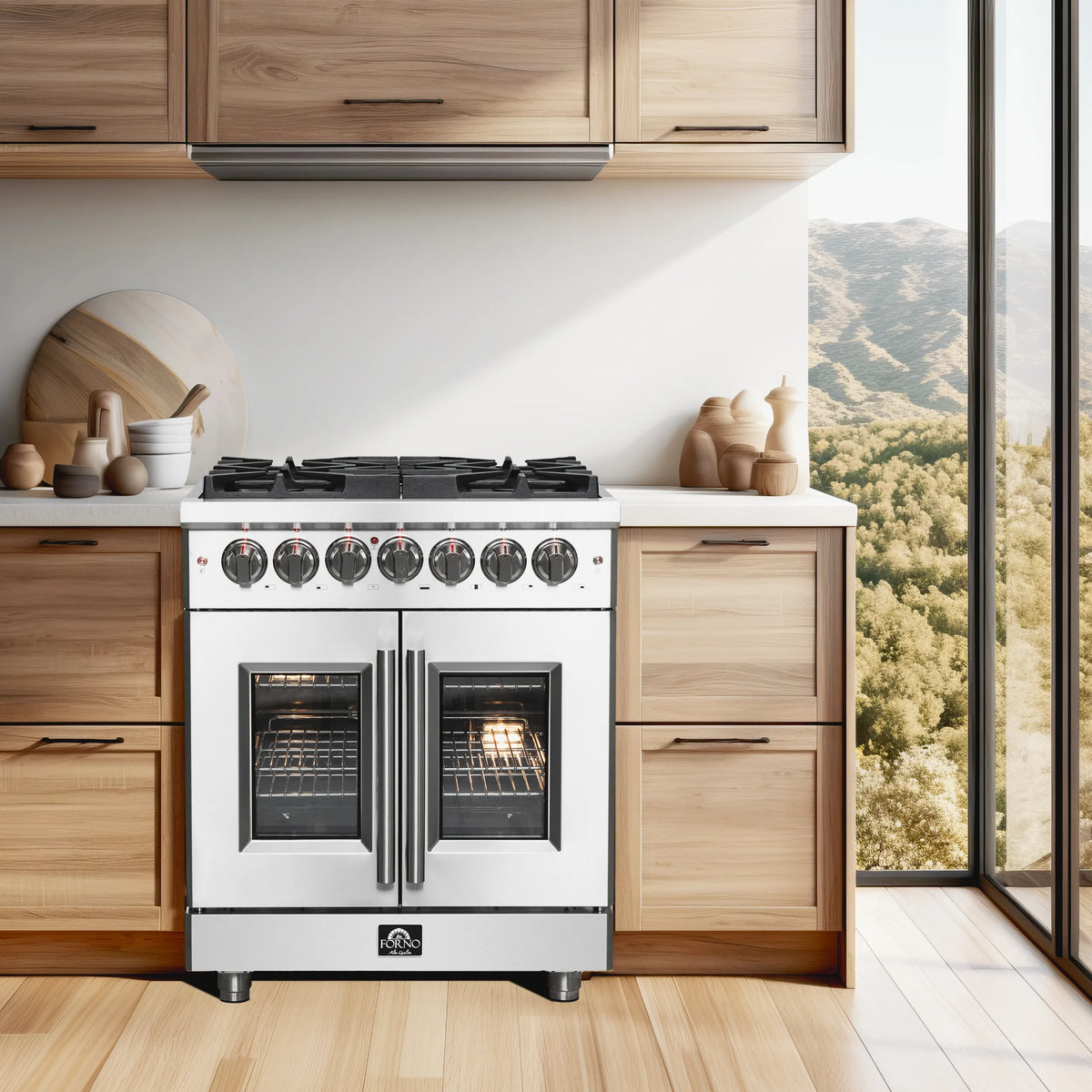 Forno Massimo 30-Inch 4.32 Cu. Ft. Freestanding French Door Dual Fuel Range with 5 Burners in Stainless Steel shown in a styled kitchen