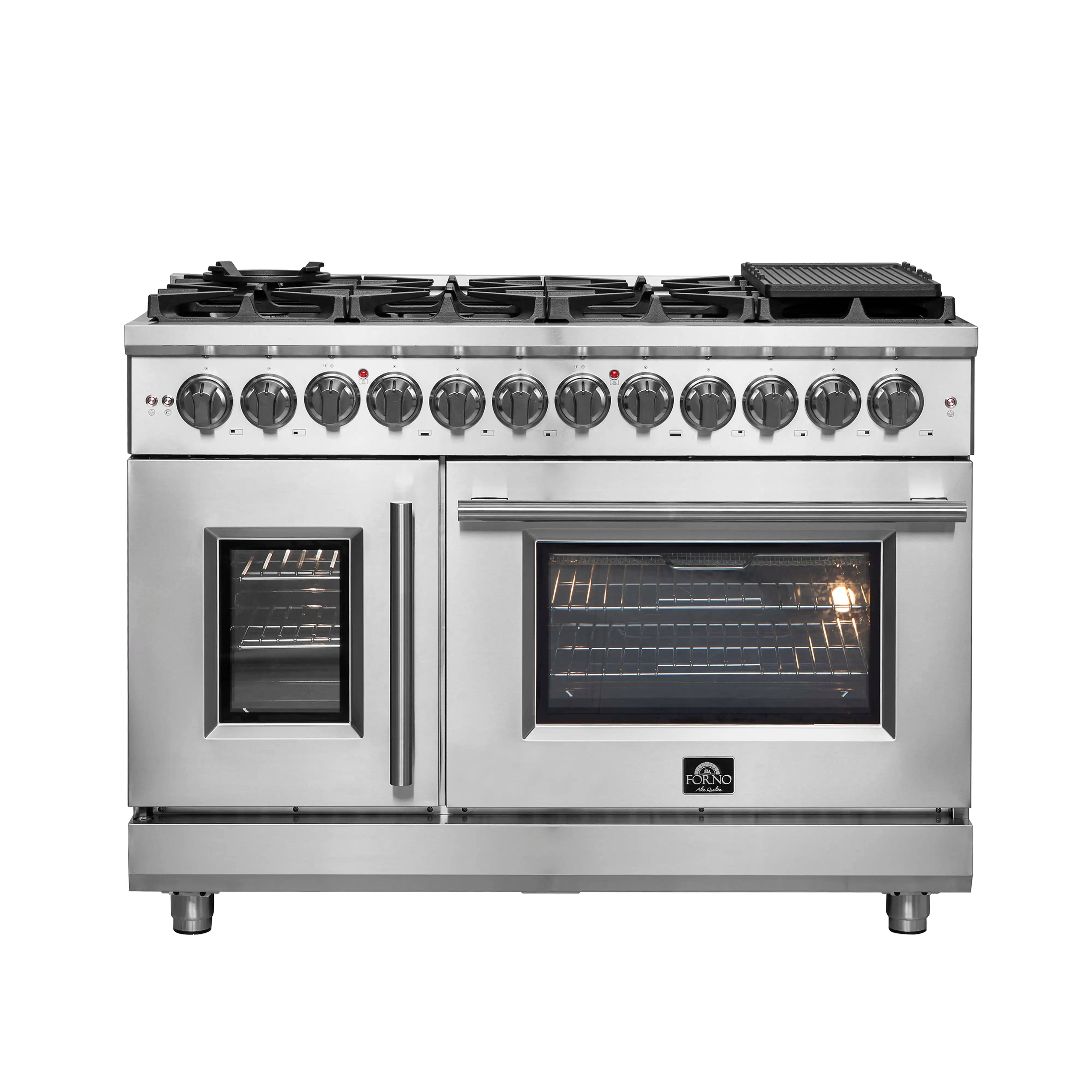 Stainless steel dual fuel range with two French-door ovens and front control knobs