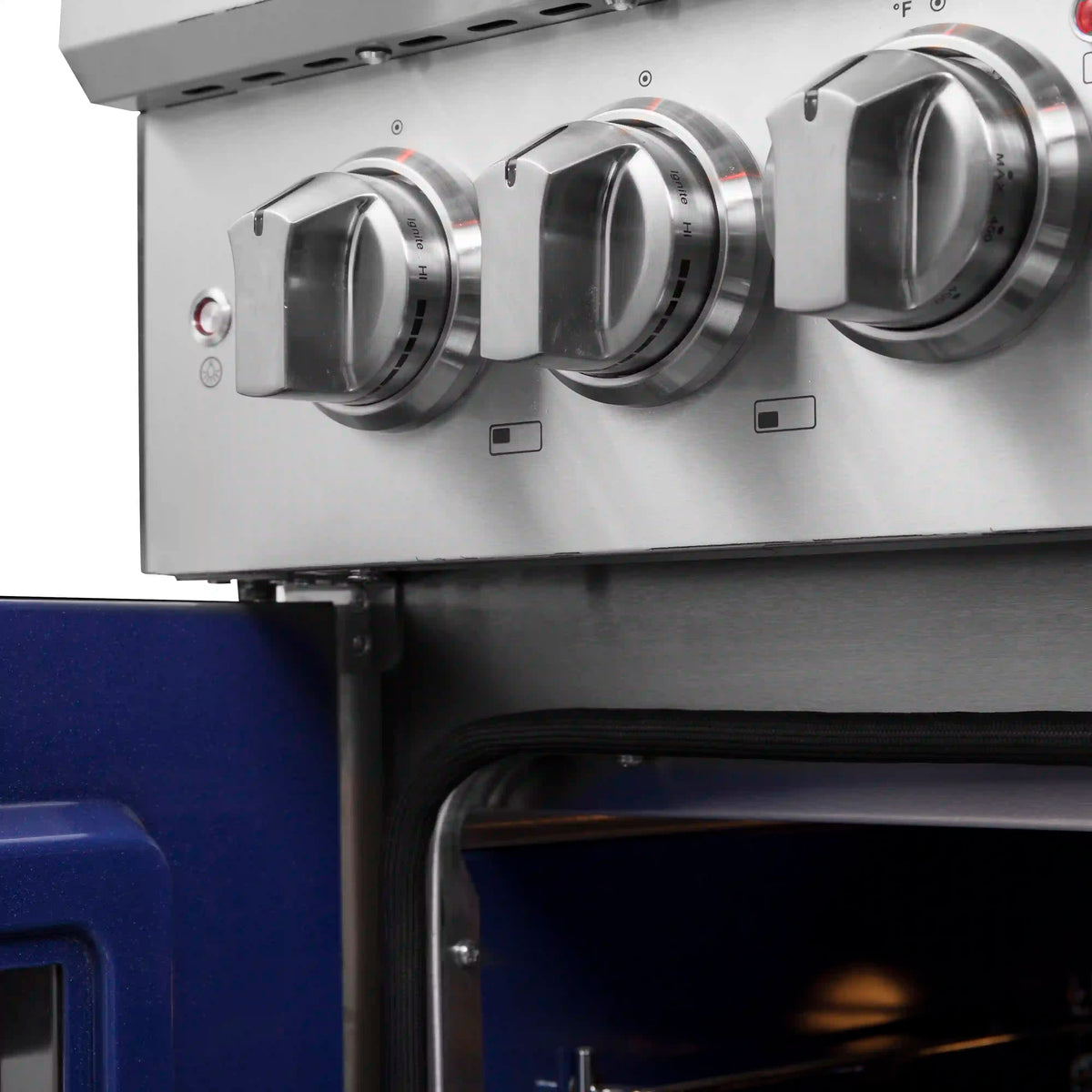 Stainless steel range control panel with multiple large chrome knobs and indicators